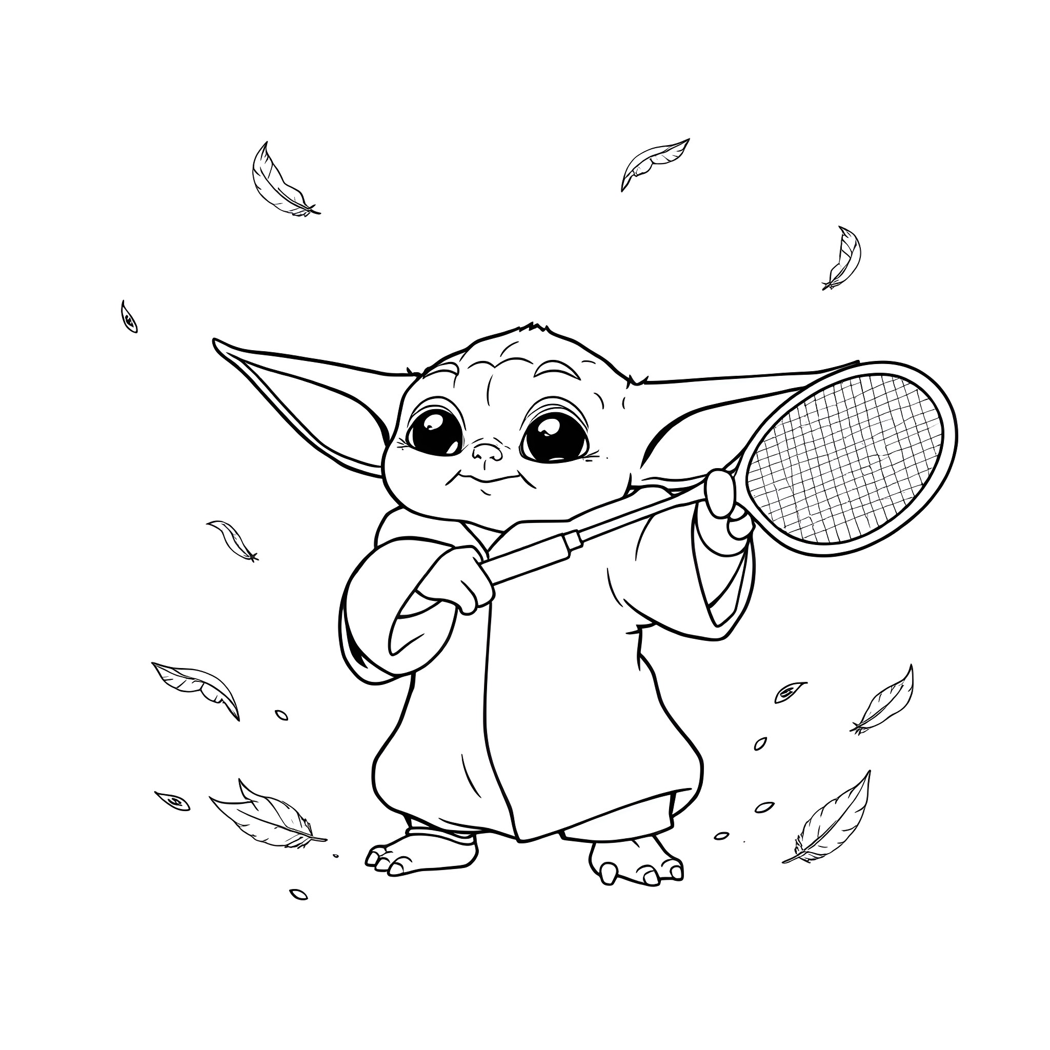 Baby Yoda playing with a tennis racket Coloring Page (free black-and-white line drawing printable PDF for all, from beginners to advanced learners, including children, teens, adults, and seniors)