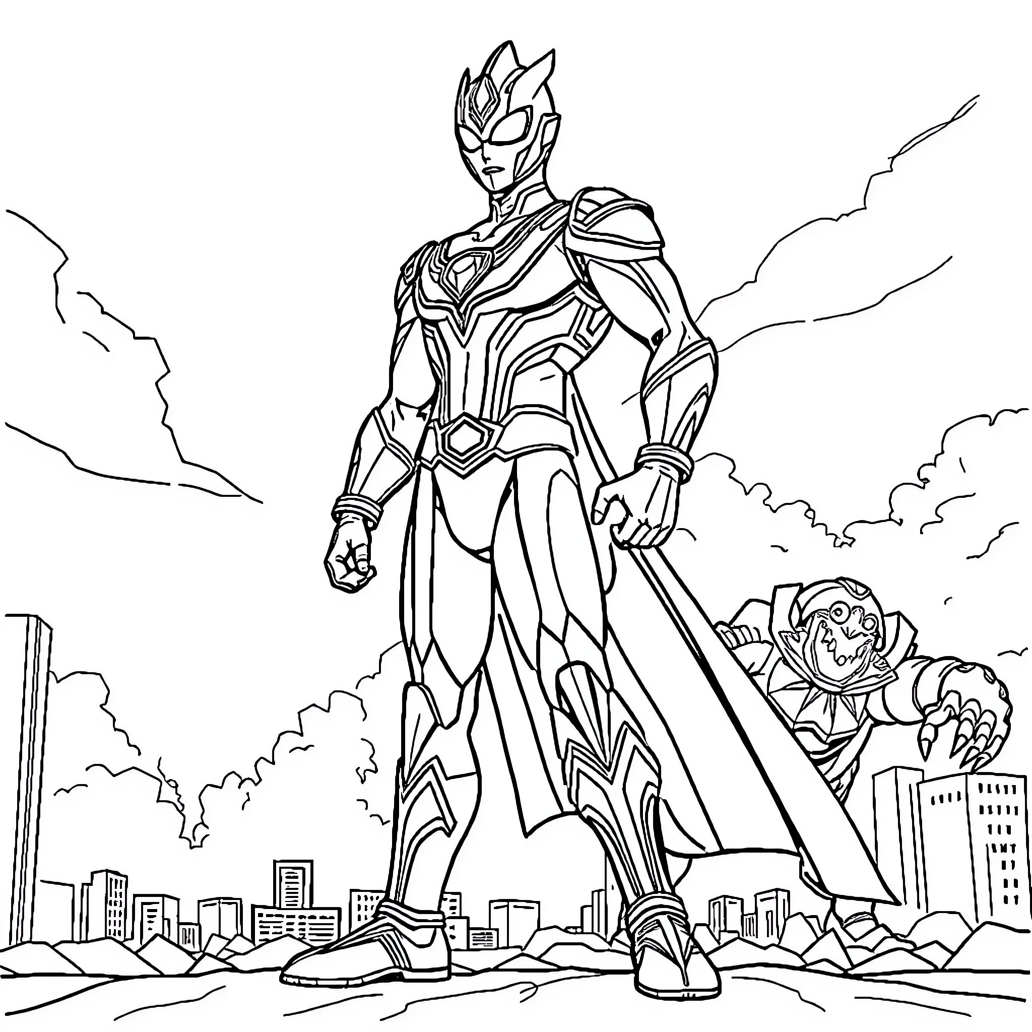 Ultraman heroically standing tall in the city Coloring Page (free black-and-white line drawing printable PDF for all, from beginners to advanced learners, including children, teens, adults, and seniors)