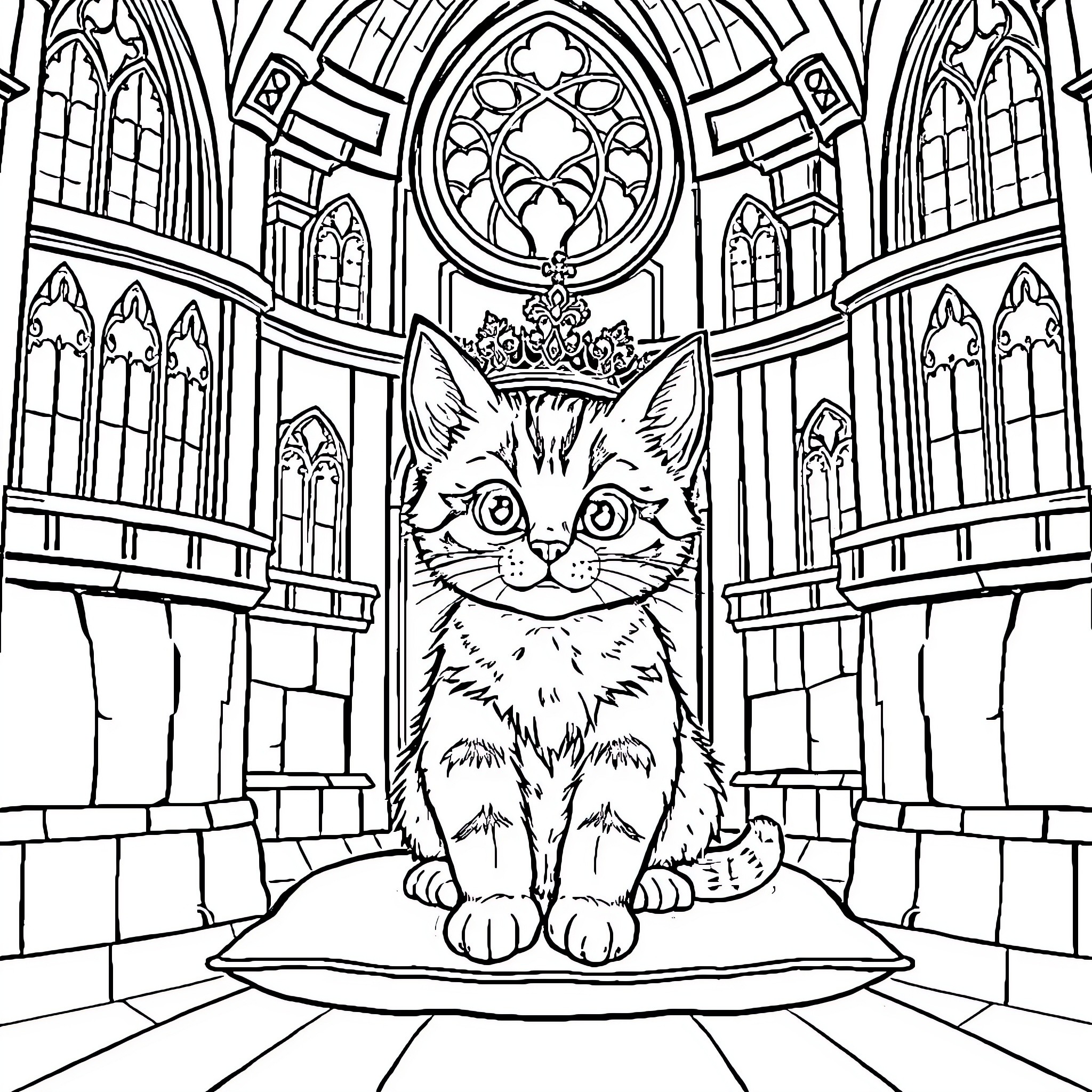 Kitten in the grand cathedral Coloring Page (free black-and-white line drawing printable PDF for all, from beginners to advanced learners, including children, teens, adults, and seniors)