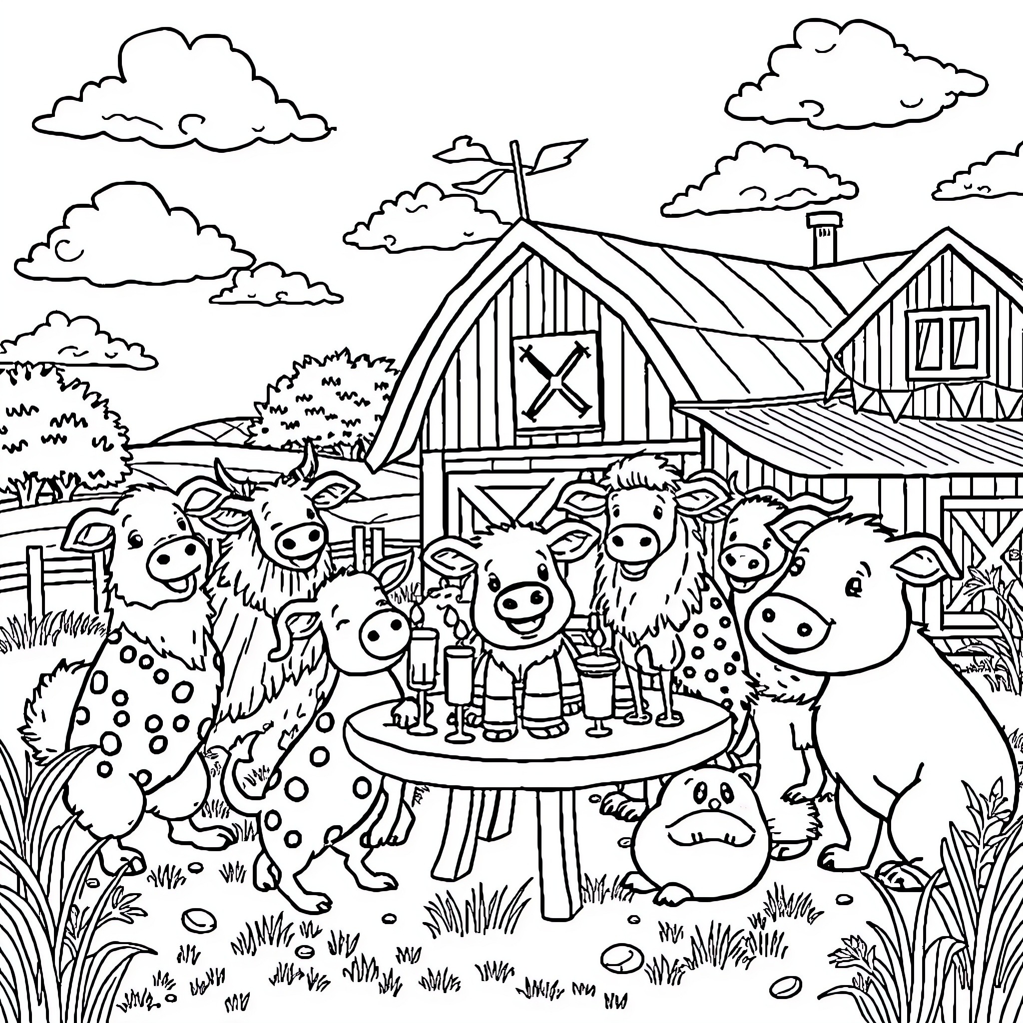Animal farm with diverse creatures enjoying outdoor activities Coloring Page (free black-and-white line drawing printable PDF for all, from beginners to advanced learners, including children, teens, adults, and seniors)