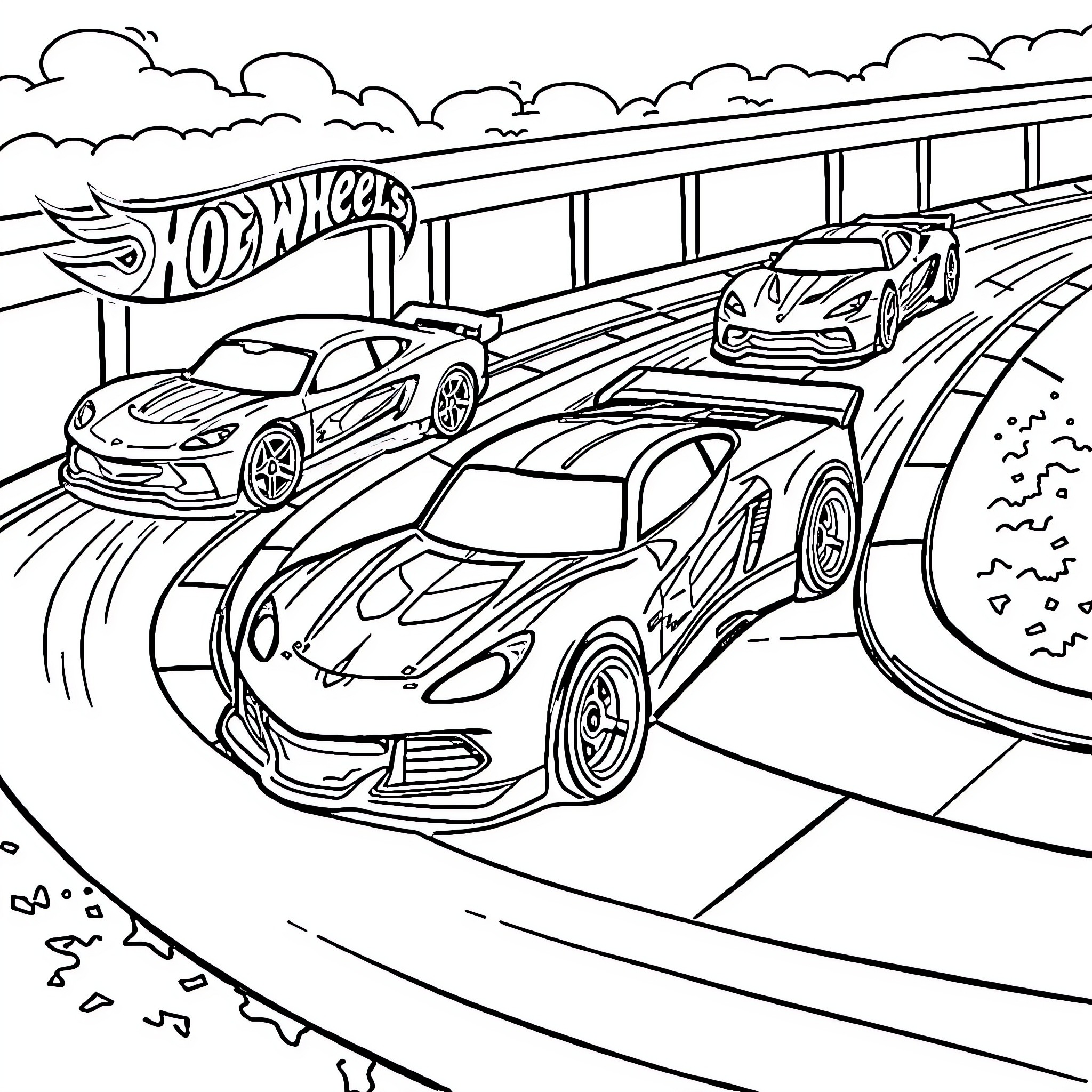 Hot Wheels cars racing on a track Coloring Page (free black-and-white line drawing printable PDF for all, from beginners to advanced learners, including children, teens, adults, and seniors)