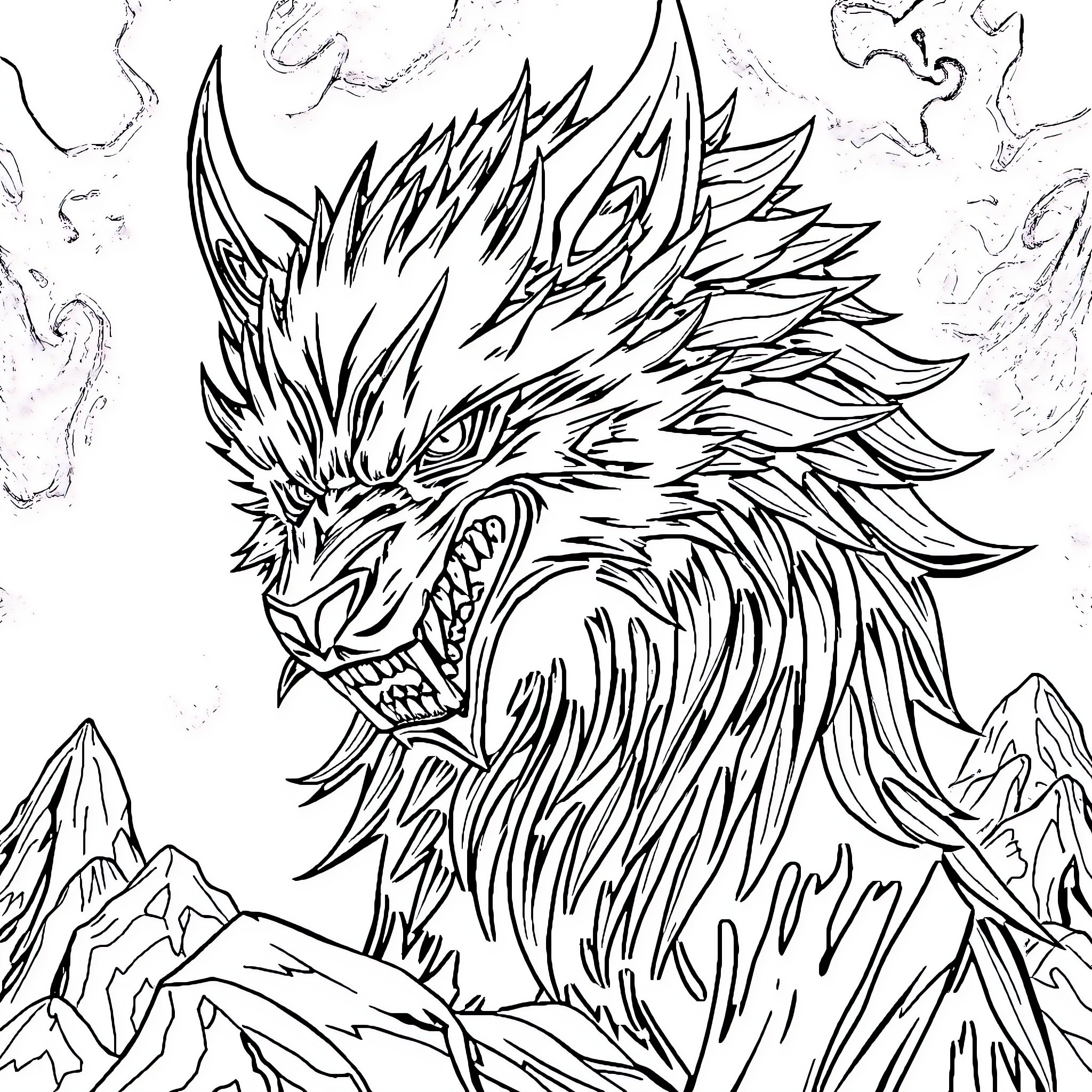Fenrir, the Fierce Wolf Deity Amid Turbulent Skies Coloring Page (free black-and-white line drawing printable PDF for all, from beginners to advanced learners, including children, teens, adults, and seniors)