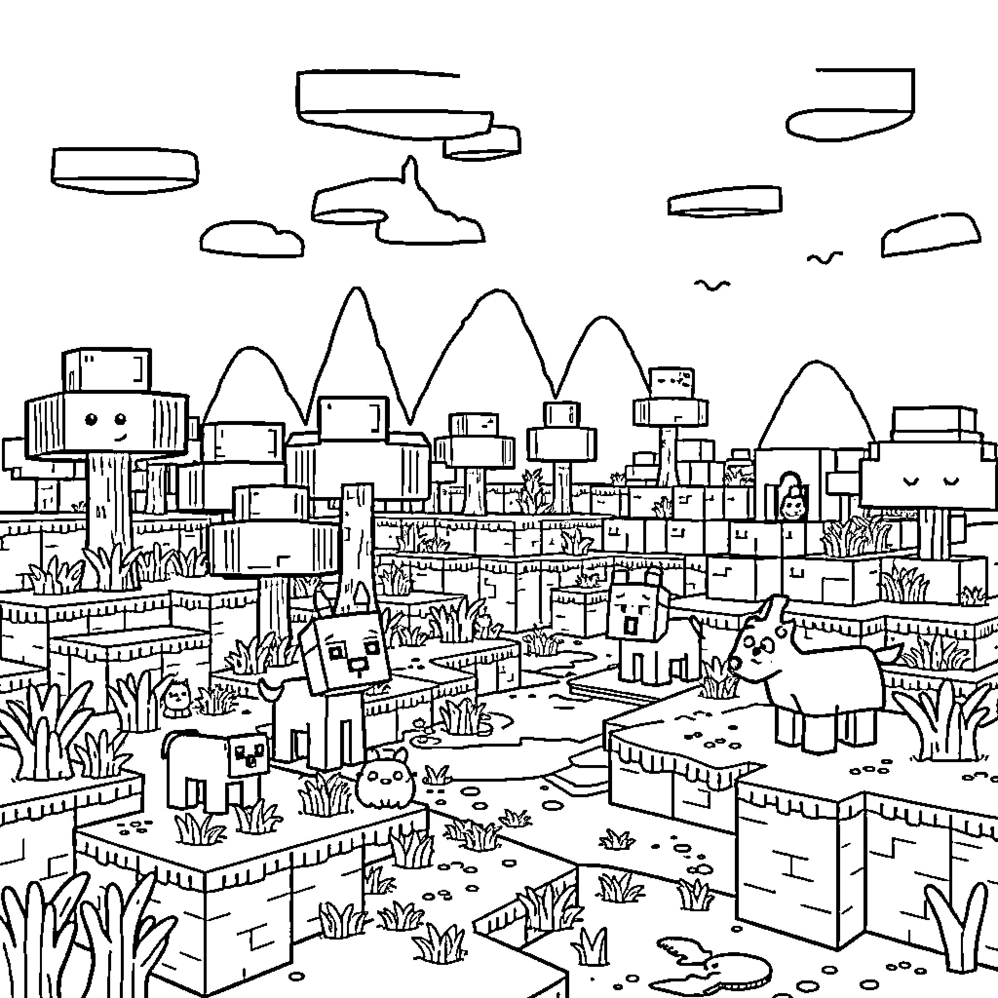 Minecraft Landscape with Diverse Structures and Scenes Coloring Page (free black-and-white line drawing printable PDF for all, from beginners to advanced learners, including children, teens, adults, and seniors)