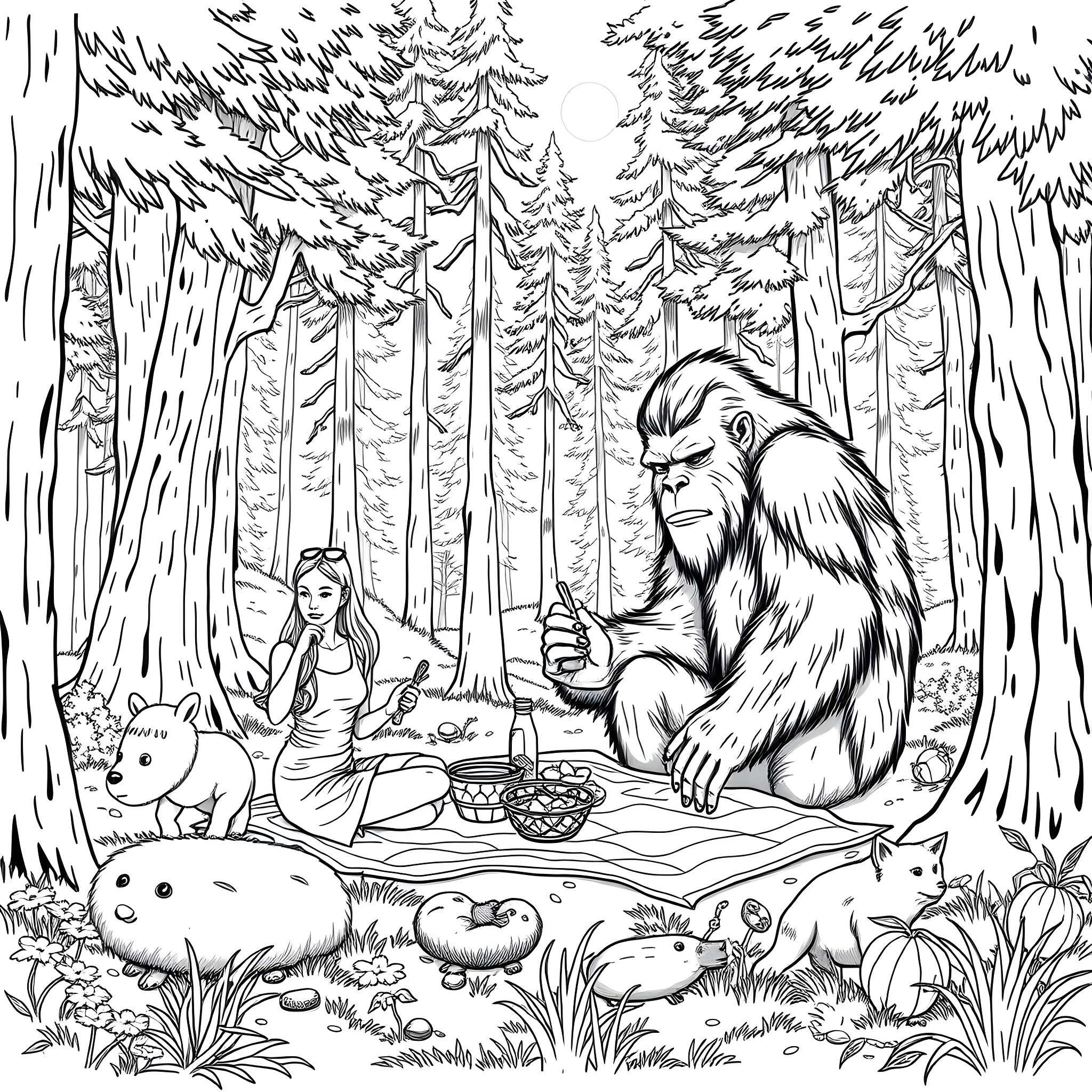 Woman Enjoying Peaceful Picnic with Wildlife in Serene Forest Coloring Page (free black-and-white line drawing printable PDF for all, from beginners to advanced learners, including children, teens, adults, and seniors)