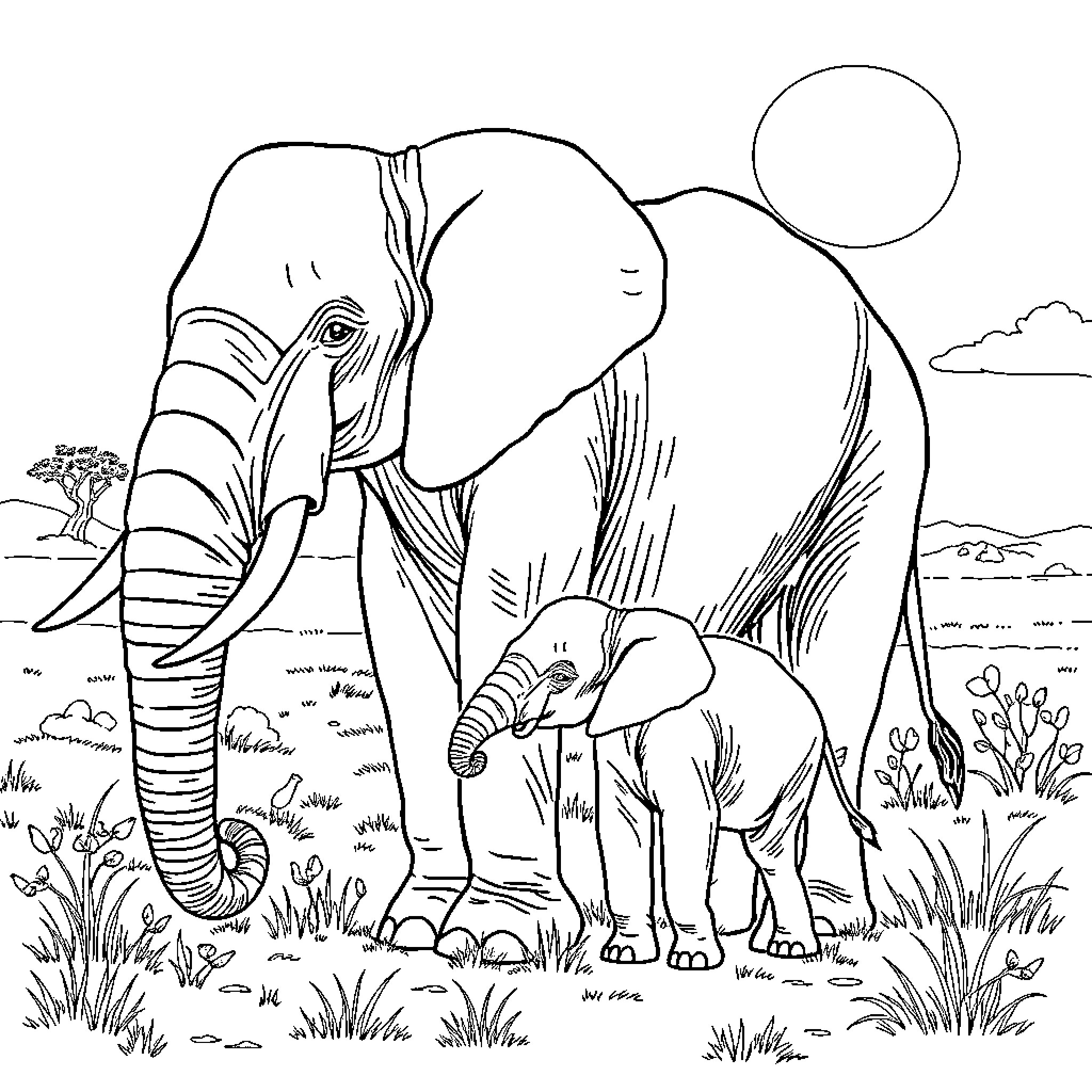 Elephant and its calf exploring the savanna Coloring Page (free black-and-white line drawing printable PDF for all, from beginners to advanced learners, including children, teens, adults, and seniors)