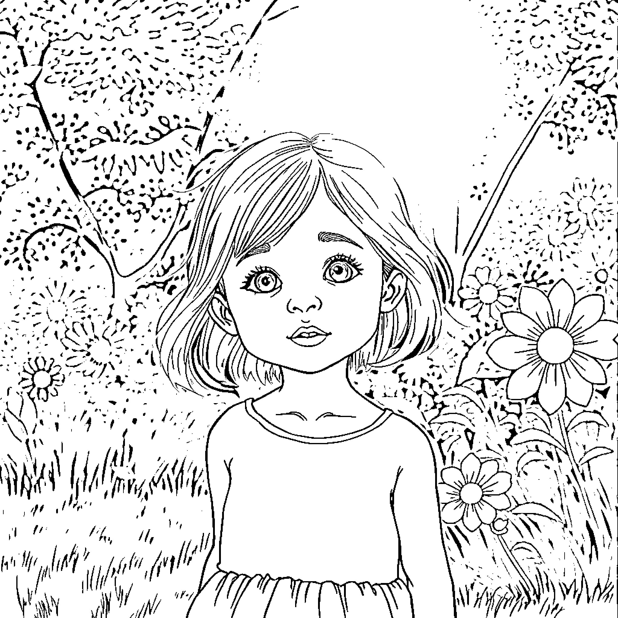 Girl in a flower-filled garden Coloring Page (free black-and-white line drawing printable PDF for all, from beginners to advanced learners, including children, teens, adults, and seniors)