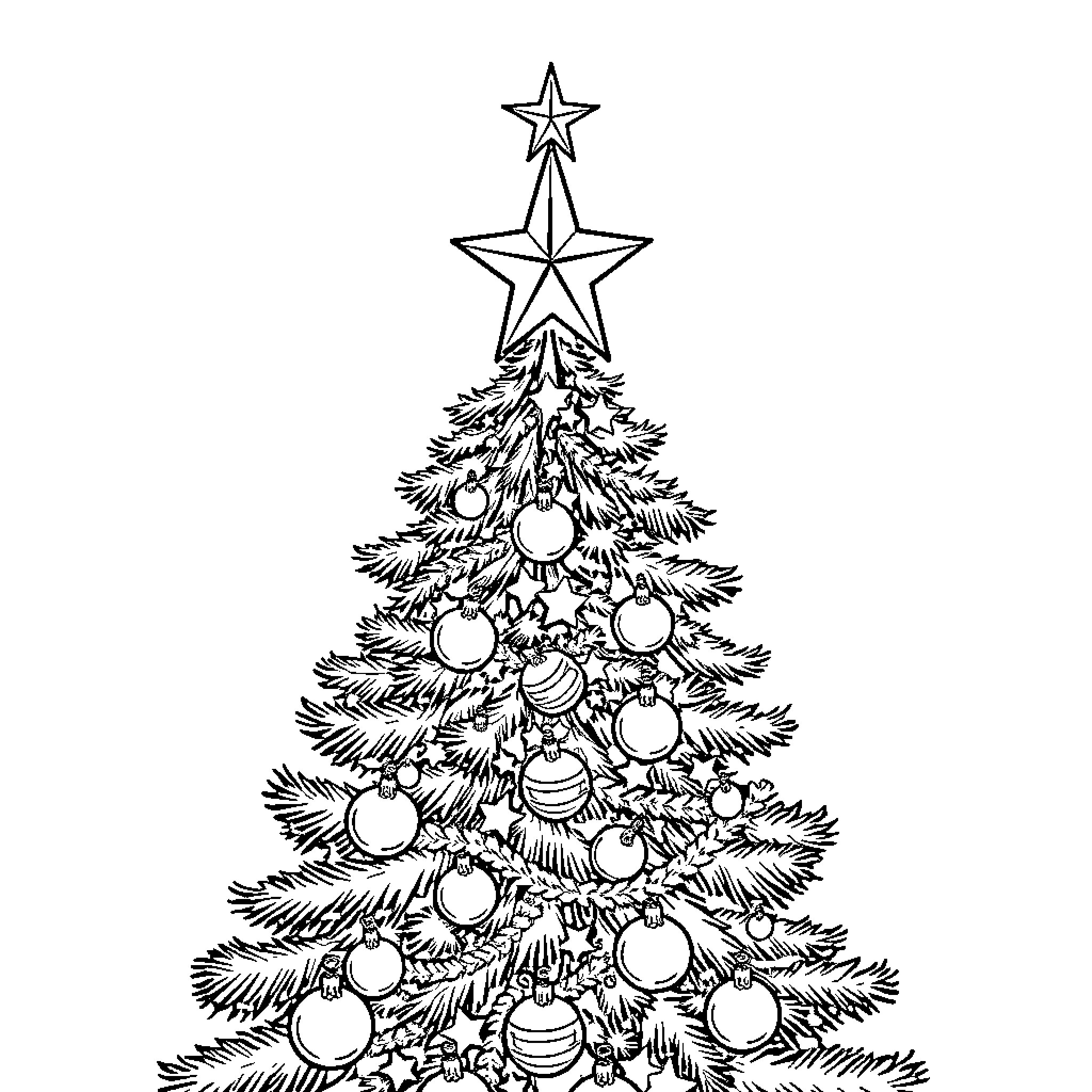 Tree decorated with ornaments and star topper Coloring Page (free black-and-white line drawing printable PDF for all, from beginners to advanced learners, including children, teens, adults, and seniors)