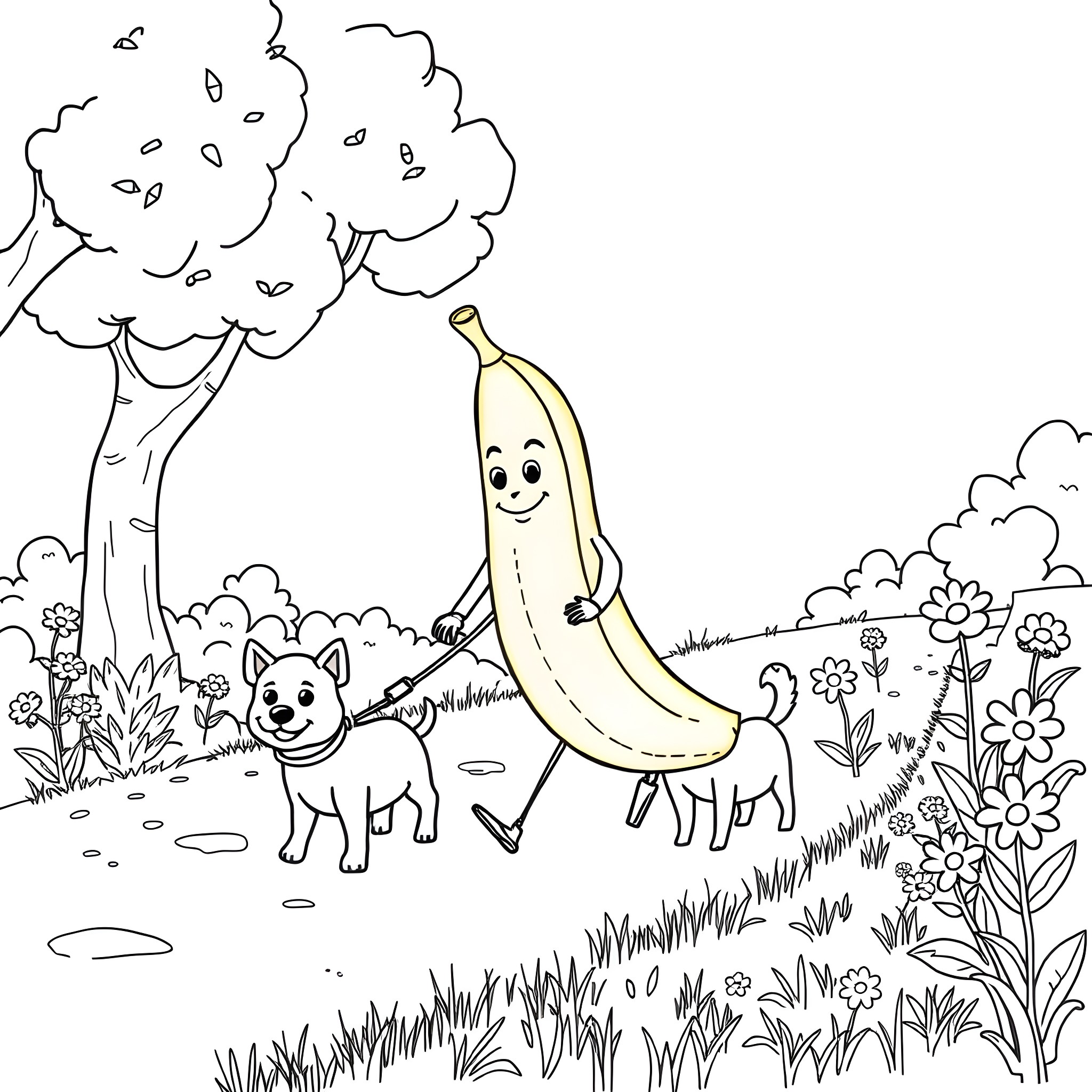 Banana enjoying a walk with cute dogs in nature Coloring Page (free black-and-white line drawing printable PDF for all, from beginners to advanced learners, including children, teens, adults, and seniors)