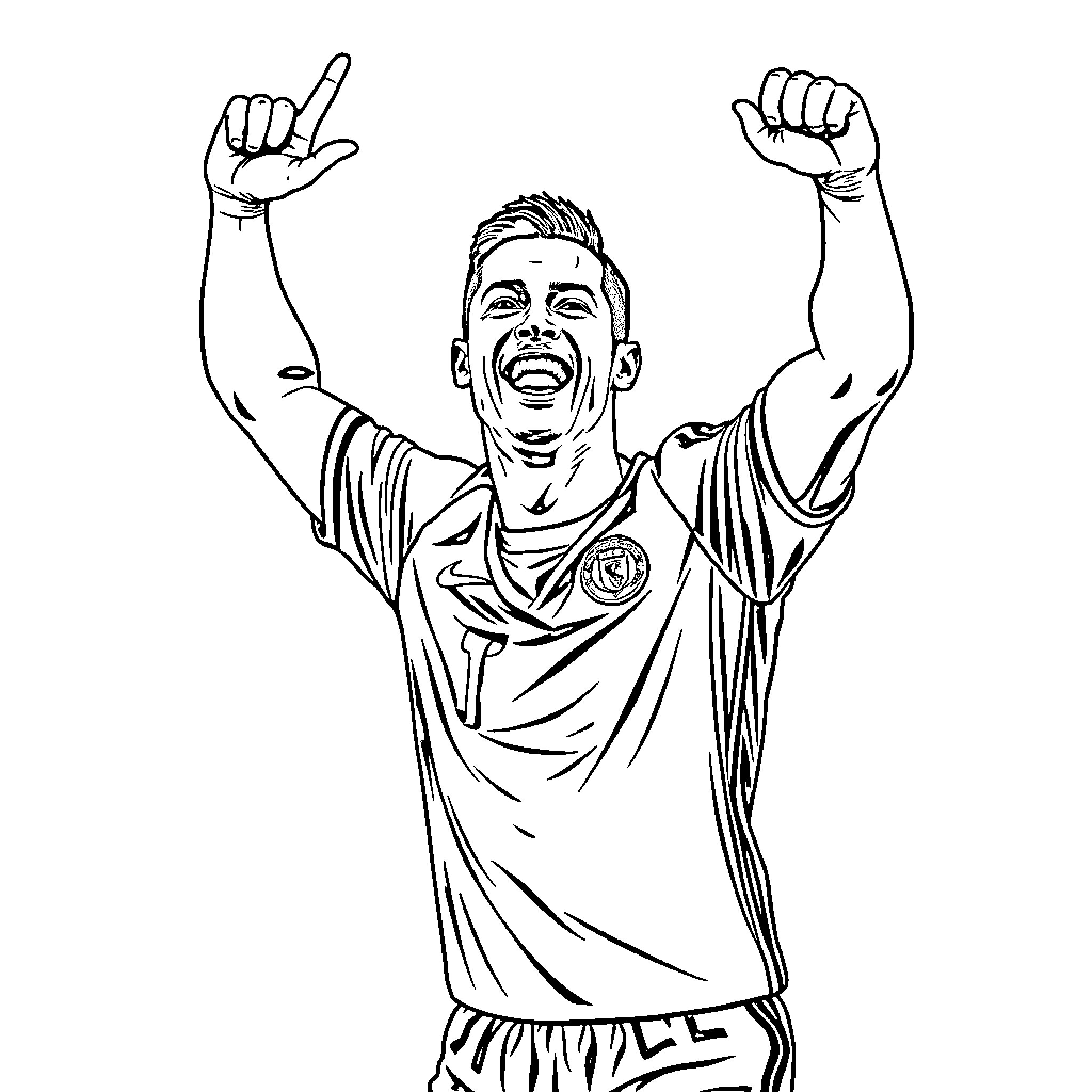 Ronaldo Celebrating Soccer Victory in Stadium Coloring Page (free black-and-white line drawing printable PDF for all, from beginners to advanced learners, including children, teens, adults, and seniors)