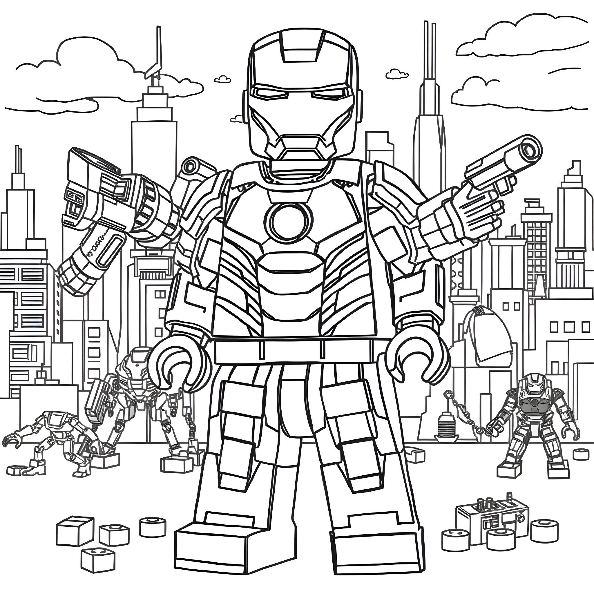 Ironman taking on the city with his robotic allies Coloring Page (free black-and-white line drawing printable PDF for all, from beginners to advanced learners, including children, teens, adults, and seniors)