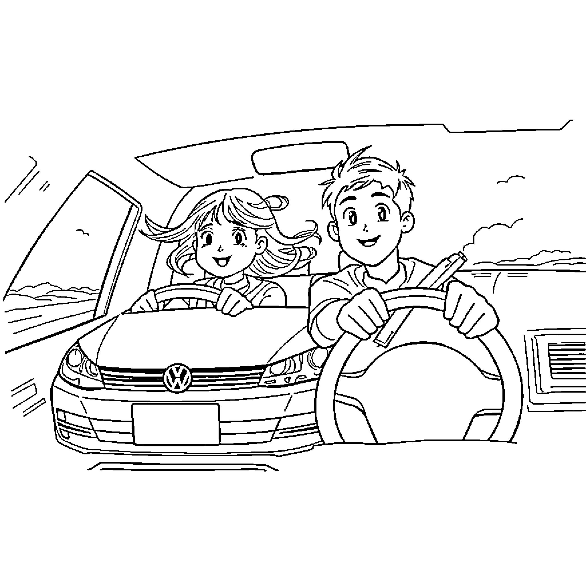 Volkswagen Family Driving on the Road Coloring Page (free black-and-white line drawing printable PDF for all, from beginners to advanced learners, including children, teens, adults, and seniors)