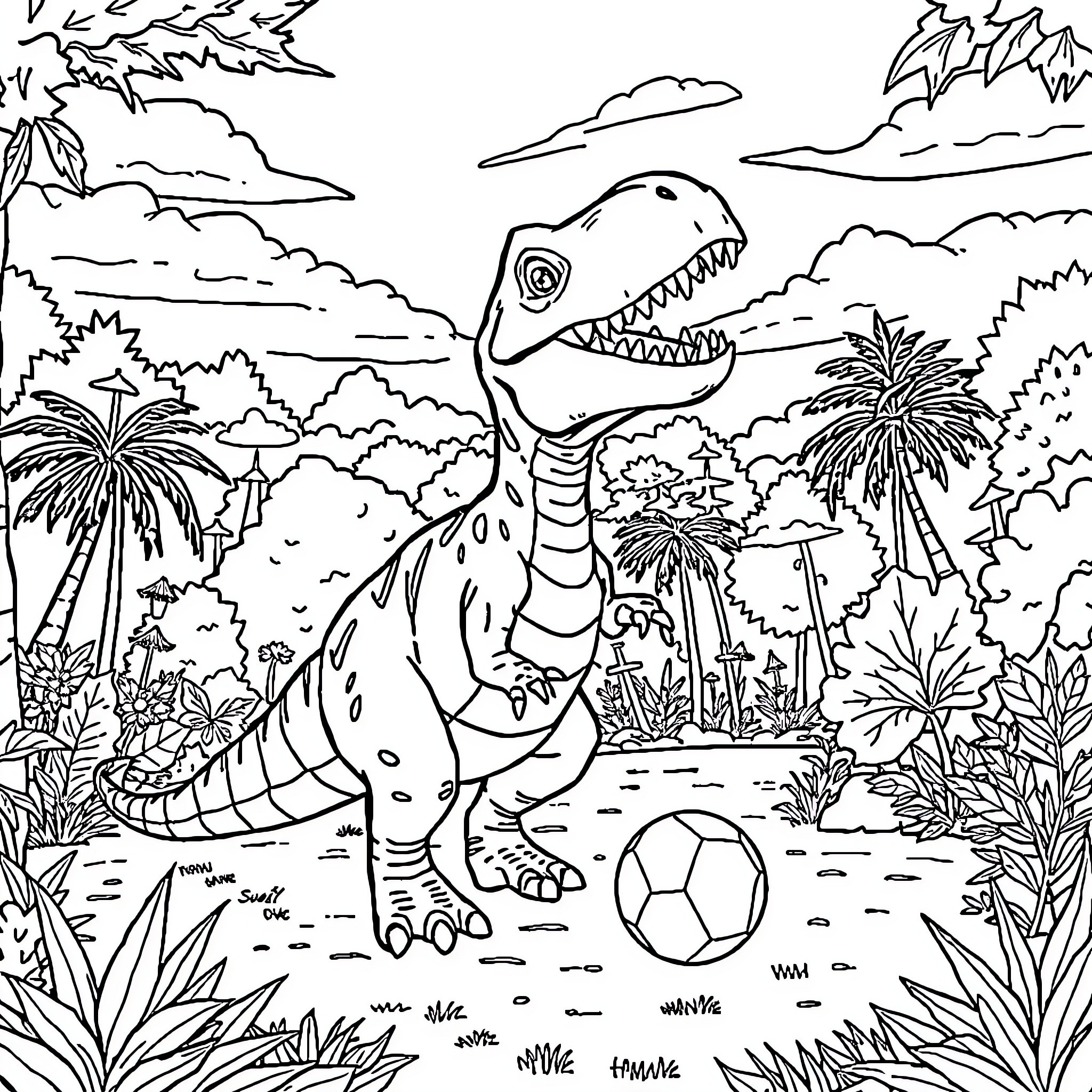 Dinosaur playing with a soccer ball in a tropical landscape Coloring Page (free black-and-white line drawing printable PDF for all, from beginners to advanced learners, including children, teens, adults, and seniors)