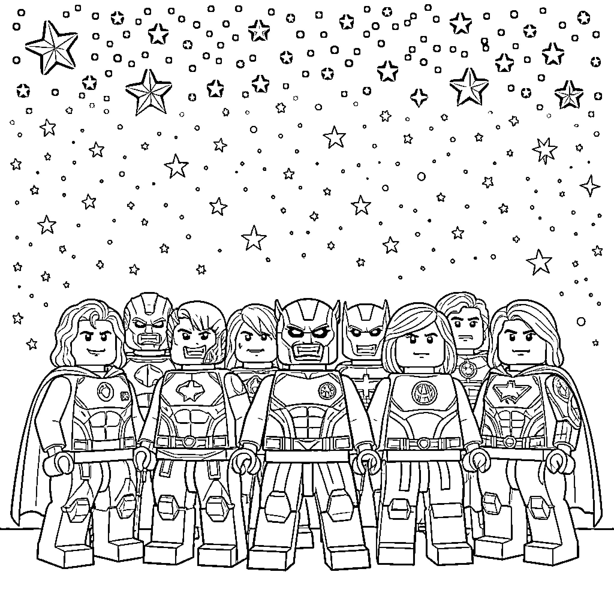 Heroic team of figures standing together under stars Coloring Page (free black-and-white line drawing printable PDF for all, from beginners to advanced learners, including children, teens, adults, and seniors)