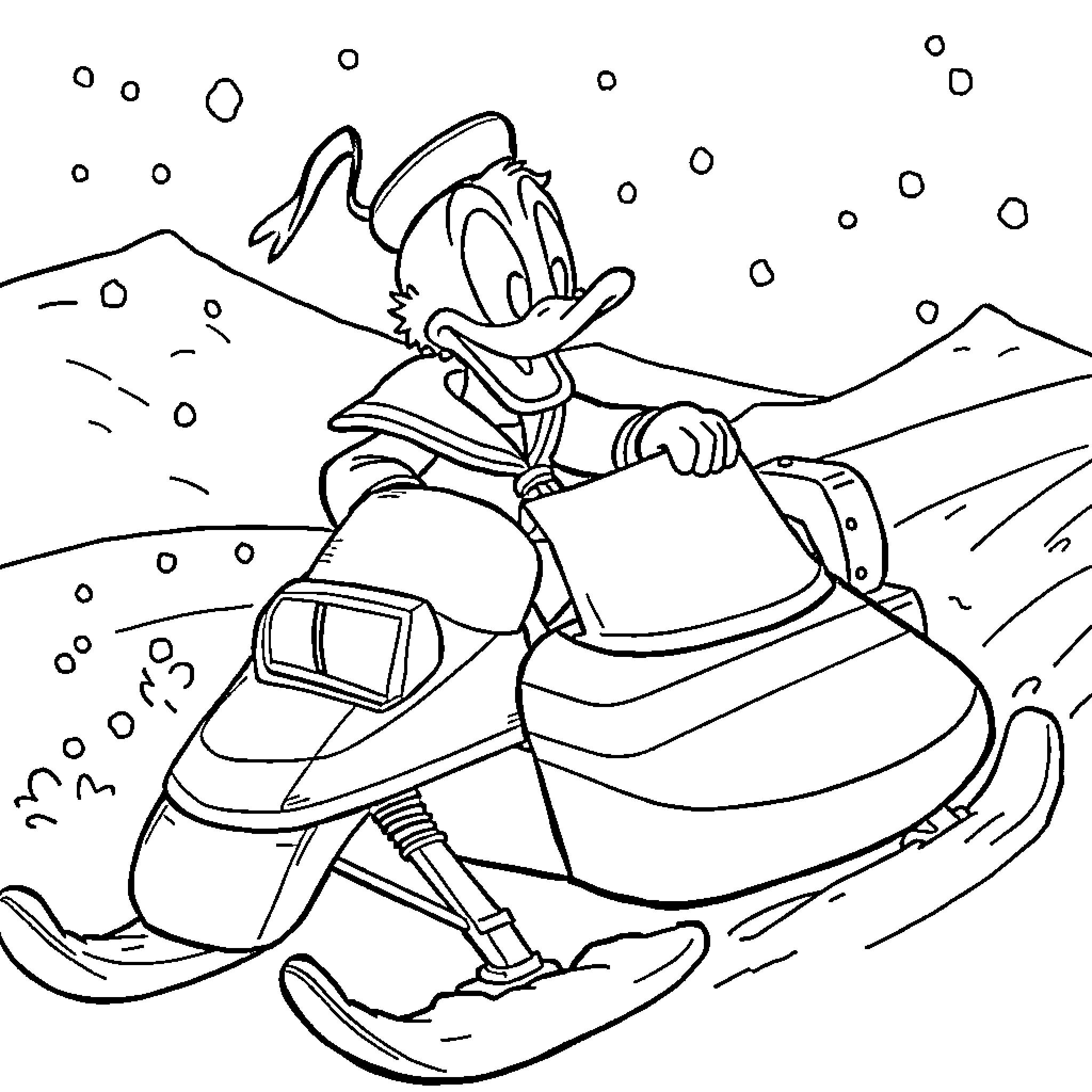 Donald Duck riding a snowmobile in the snow Coloring Page (free black-and-white line drawing printable PDF for all, from beginners to advanced learners, including children, teens, adults, and seniors)