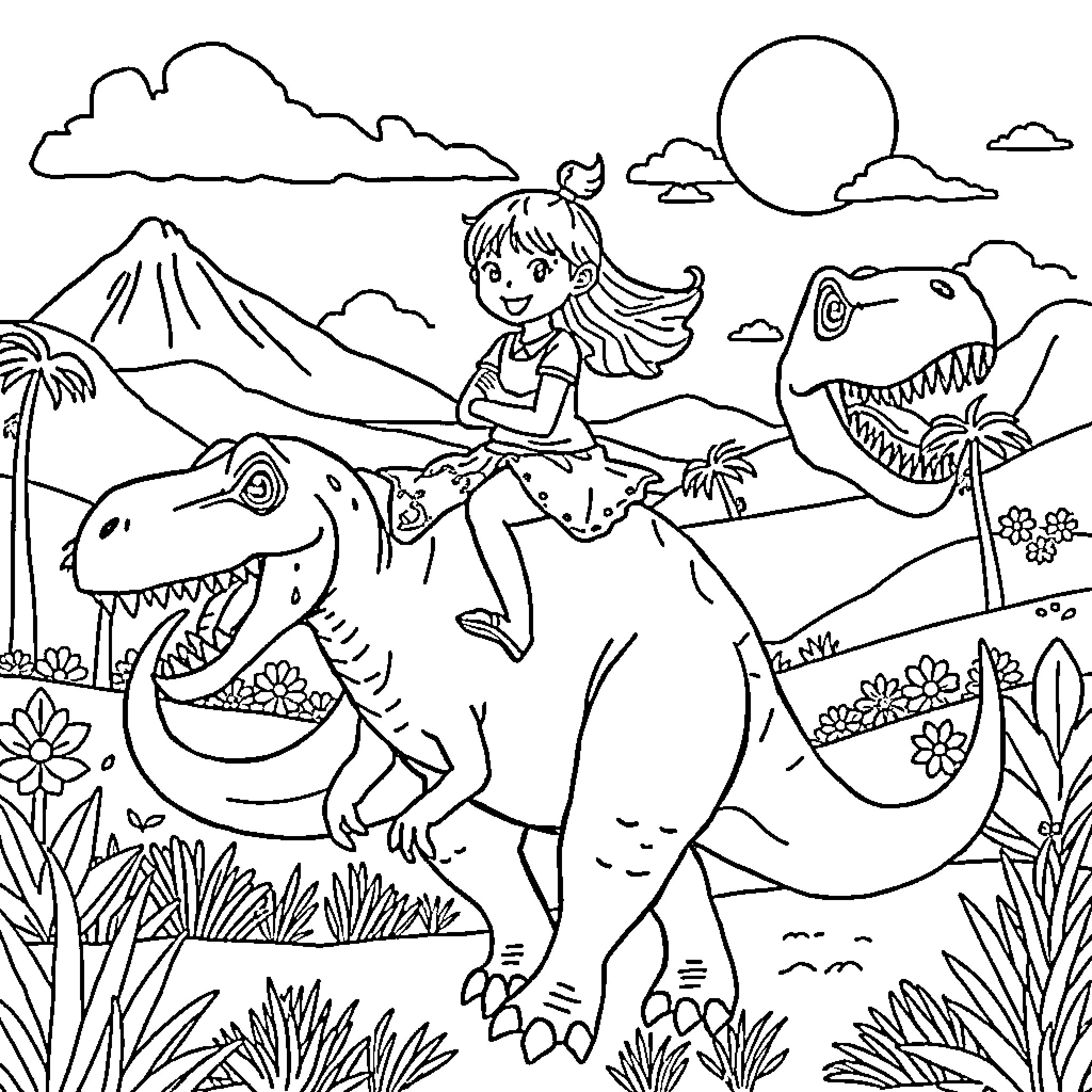 Dinosaur girl riding giant dinosaur in prehistoric landscape Coloring Page (free black-and-white line drawing printable PDF for all, from beginners to advanced learners, including children, teens, adults, and seniors)