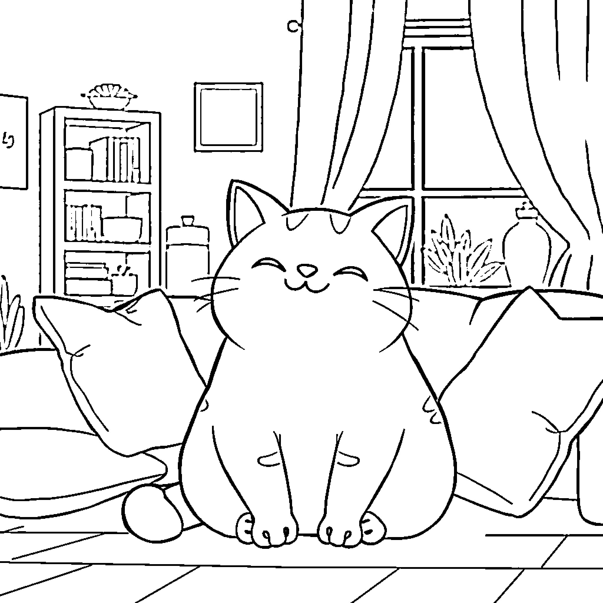 Cat relaxing peacefully in a cozy home Coloring Page (free black-and-white line drawing printable PDF for all, from beginners to advanced learners, including children, teens, adults, and seniors)