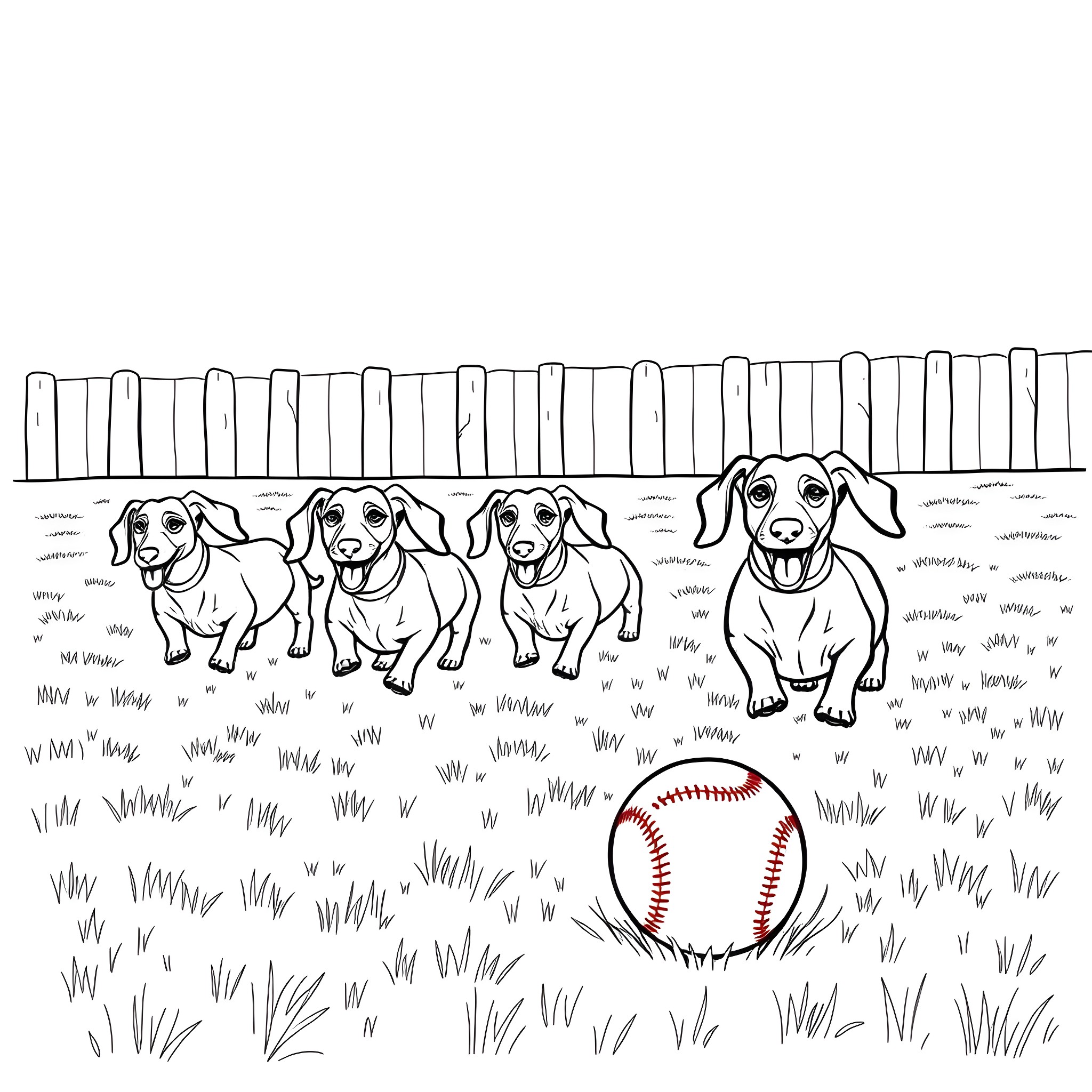 Dachshund Pups Chasing a Baseball on the Lawn Coloring Page (free black-and-white line drawing printable PDF for all, from beginners to advanced learners, including children, teens, adults, and seniors)