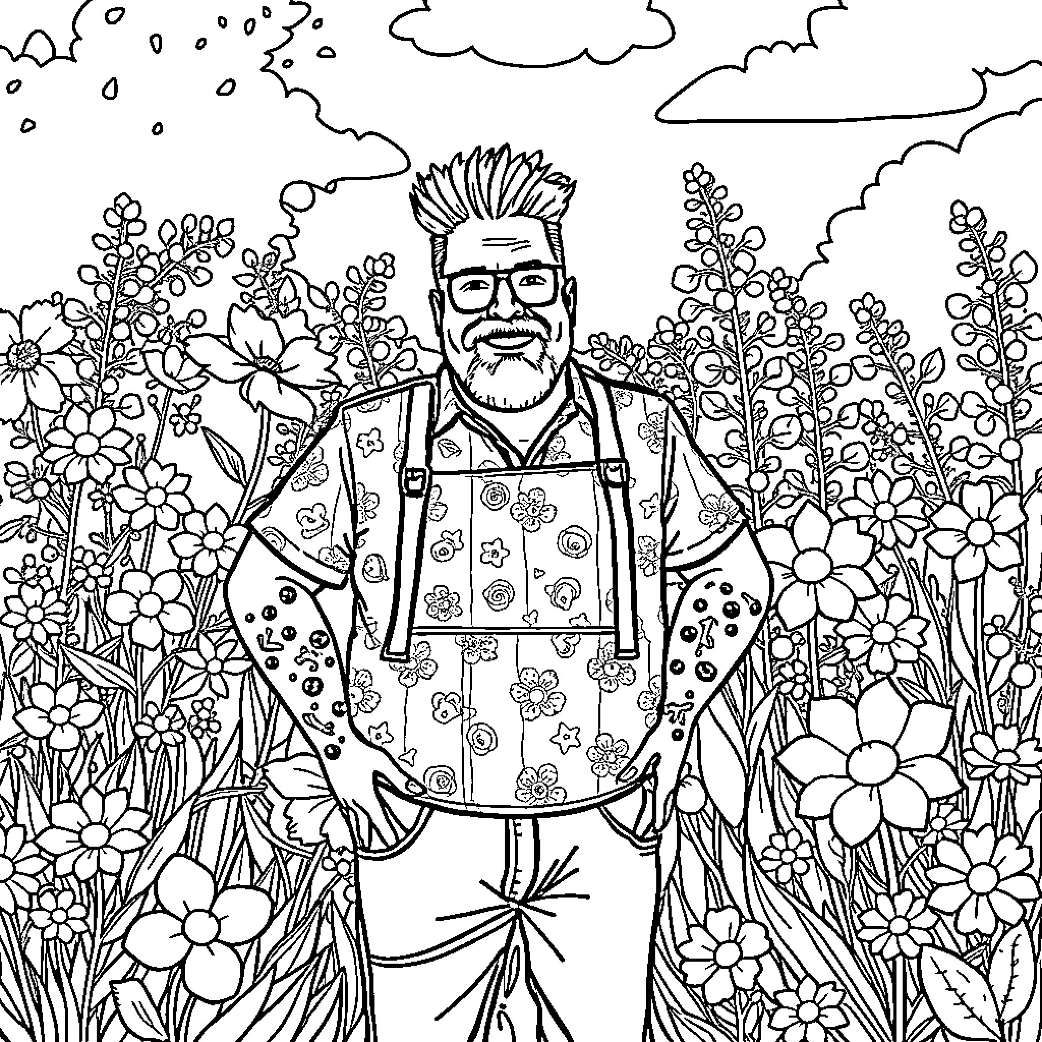 Guy in floral overalls amongst vibrant flowers Coloring Page (free black-and-white line drawing printable PDF for all, from beginners to advanced learners, including children, teens, adults, and seniors)
