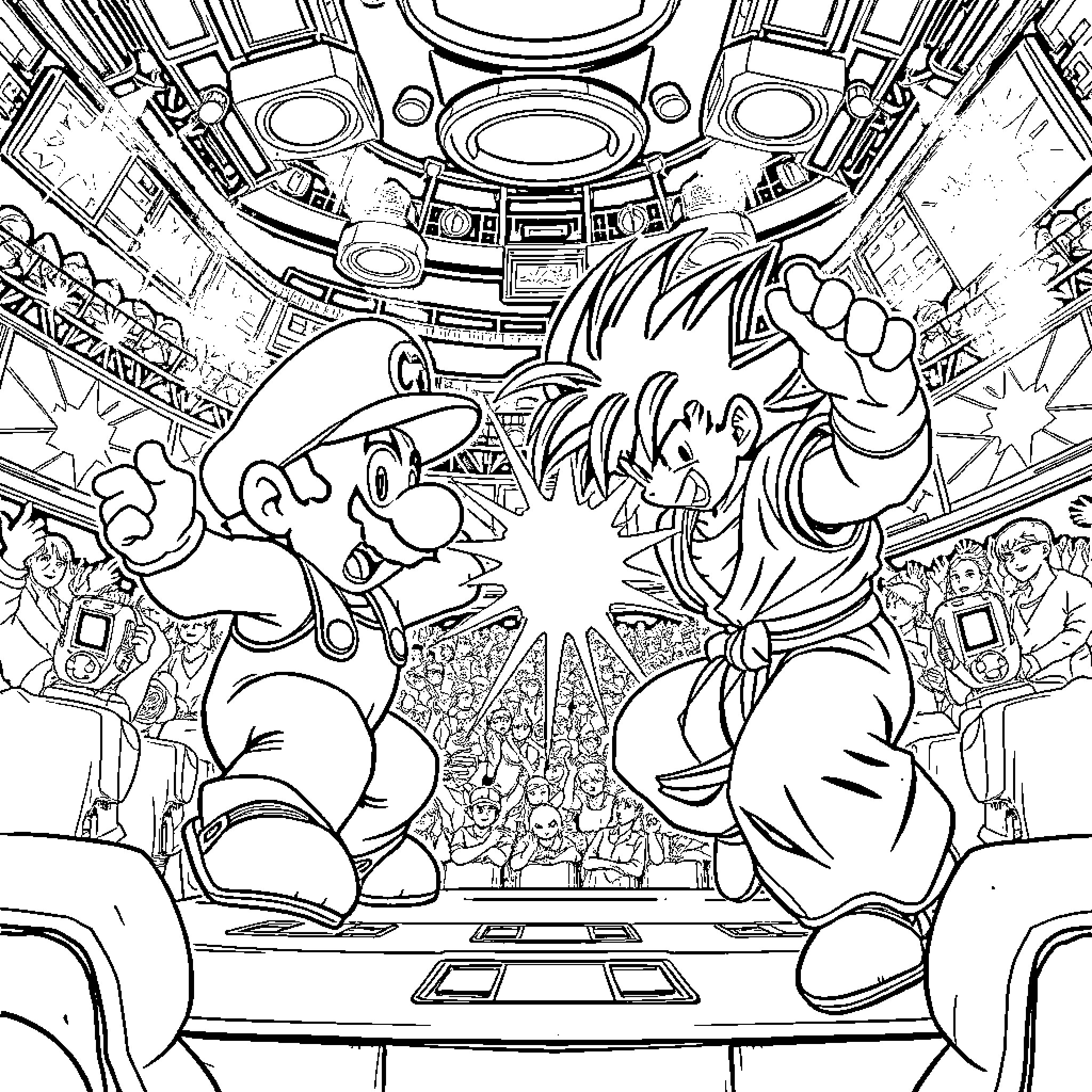 Mario and Luigi in an Exciting Arcade Battle Coloring Page (free black-and-white line drawing printable PDF for all, from beginners to advanced learners, including children, teens, adults, and seniors)