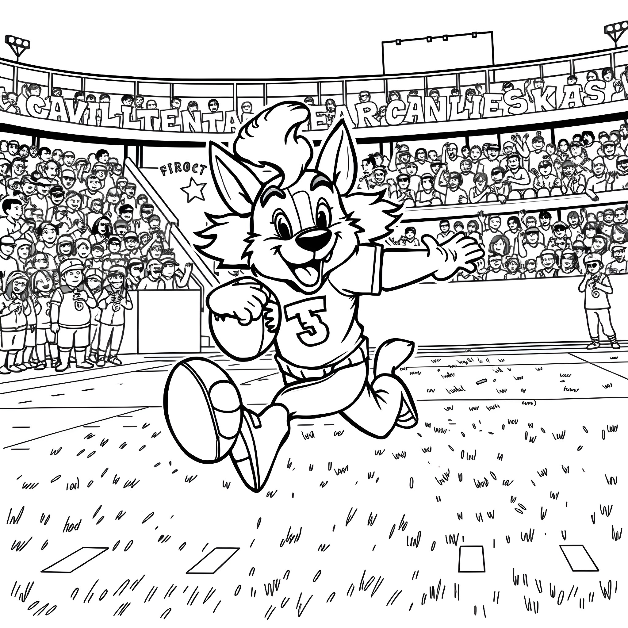 Cavalier Mascot Cheering on the Team in the Arena Coloring Page (free black-and-white line drawing printable PDF for all, from beginners to advanced learners, including children, teens, adults, and seniors)