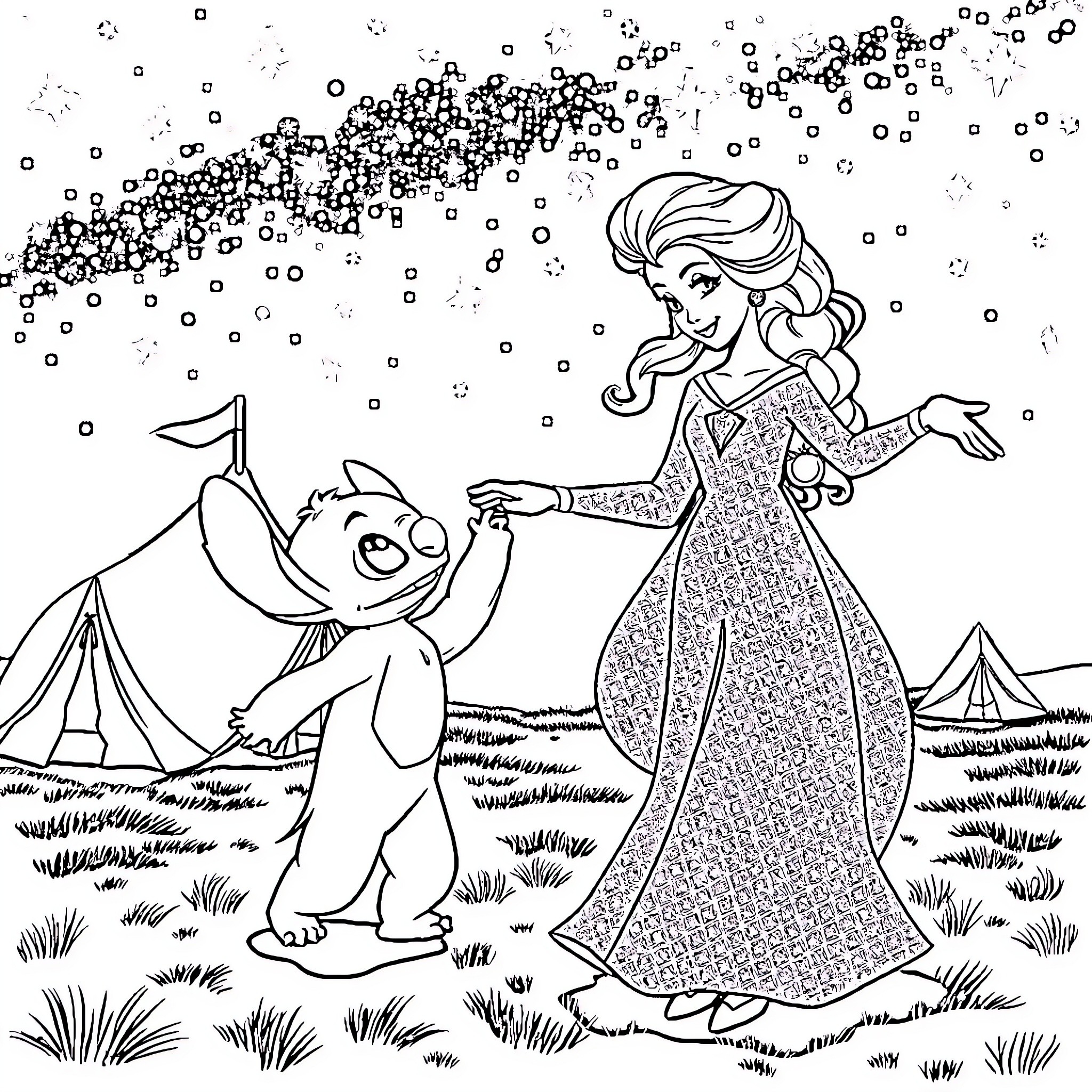 Queen Embracing Whimsical Creature in Enchanted Landscape Coloring Page (free black-and-white line drawing printable PDF for all, from beginners to advanced learners, including children, teens, adults, and seniors)