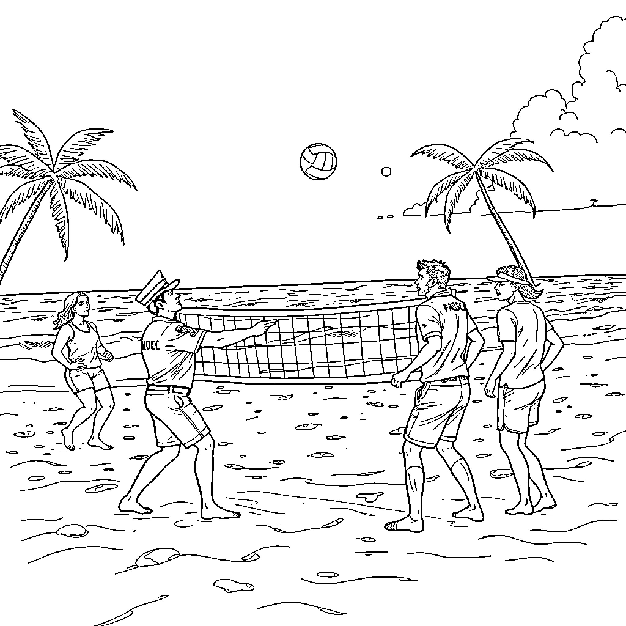 Paramedics enjoy beach volleyball game on sunny day Coloring Page (free black-and-white line drawing printable PDF for all, from beginners to advanced learners, including children, teens, adults, and seniors)