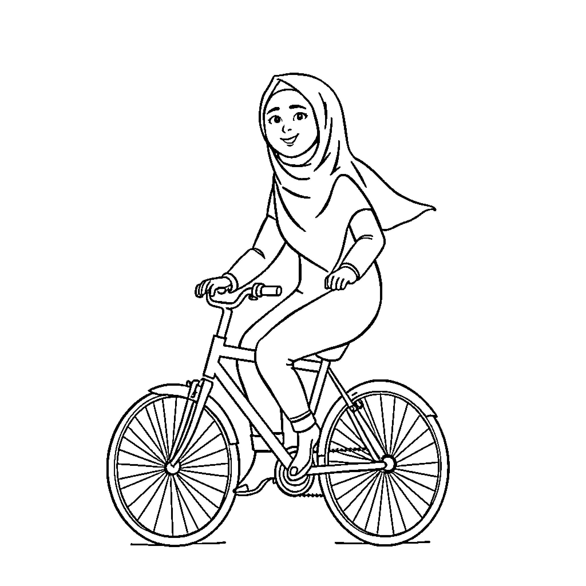 Hijabi woman cycling happily on the street Coloring Page (free black-and-white line drawing printable PDF for all, from beginners to advanced learners, including children, teens, adults, and seniors)