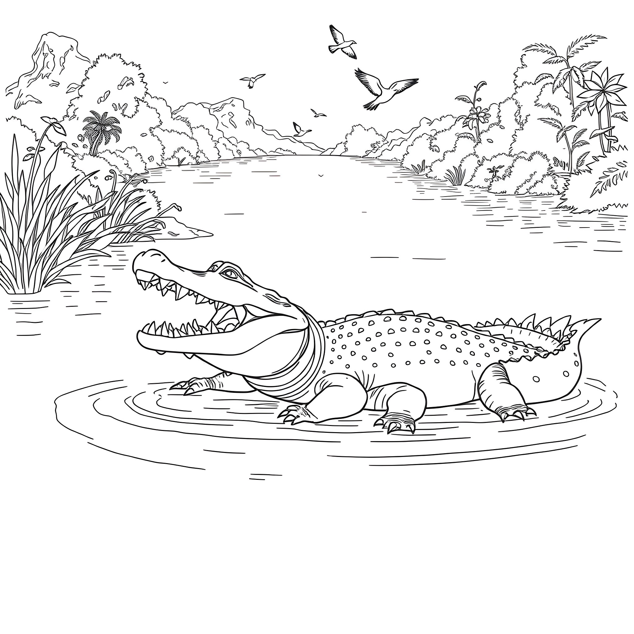 Crocodile basking in the tropical lagoon Coloring Page (free black-and-white line drawing printable PDF for all, from beginners to advanced learners, including children, teens, adults, and seniors)