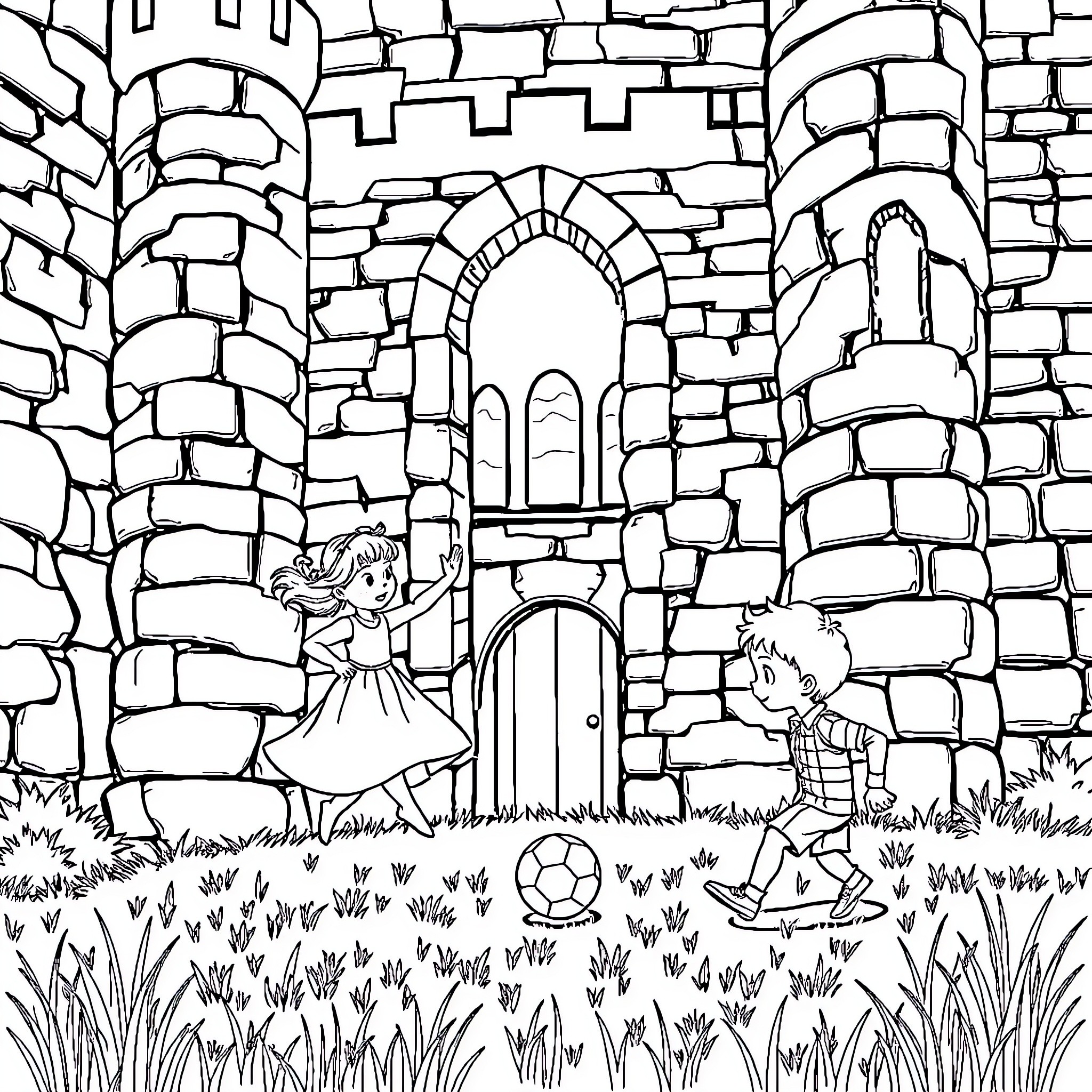 Child playing with ball in front of castle Coloring Page (free black-and-white line drawing printable PDF for all, from beginners to advanced learners, including children, teens, adults, and seniors)