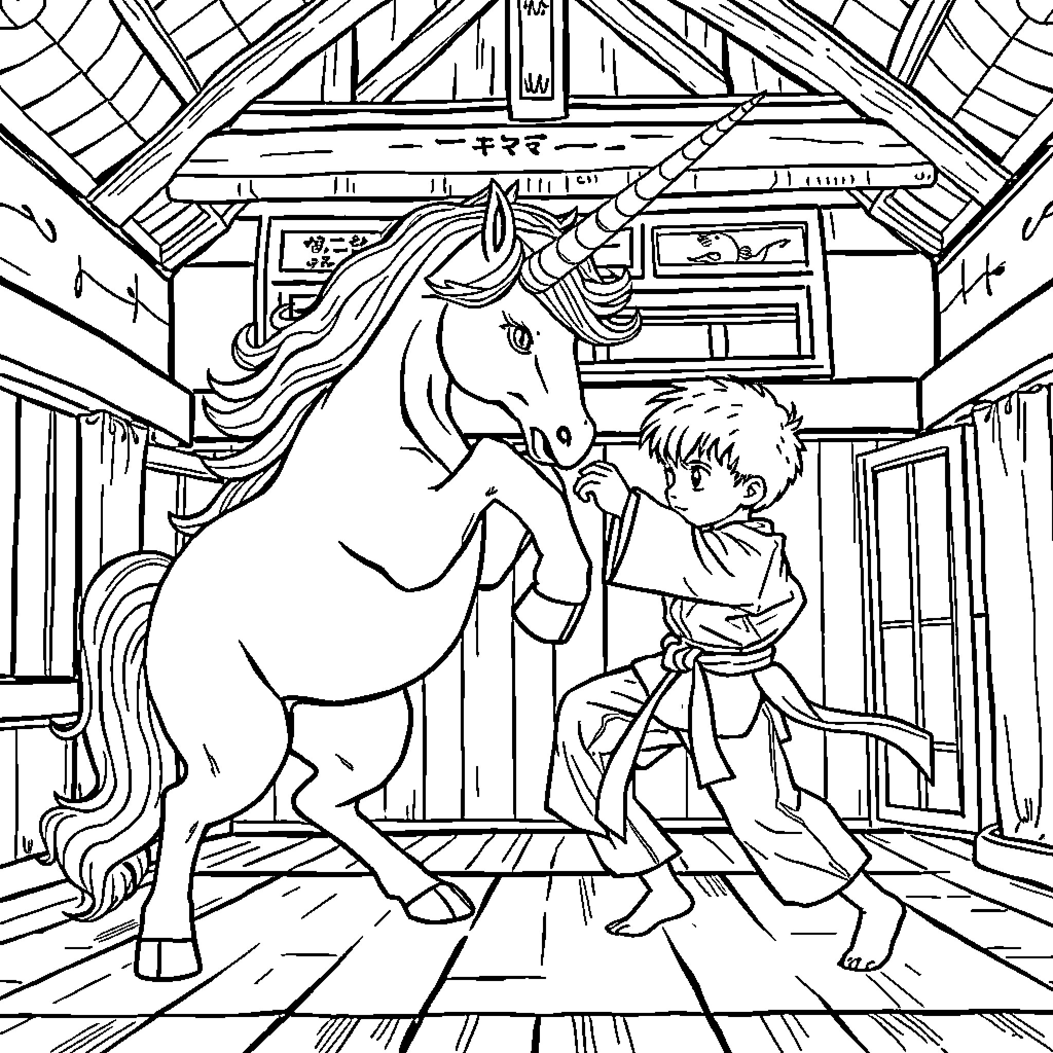 Unicorn Interacting Joyfully with Young Adventurer Coloring Page (free black-and-white line drawing printable PDF for all, from beginners to advanced learners, including children, teens, adults, and seniors)