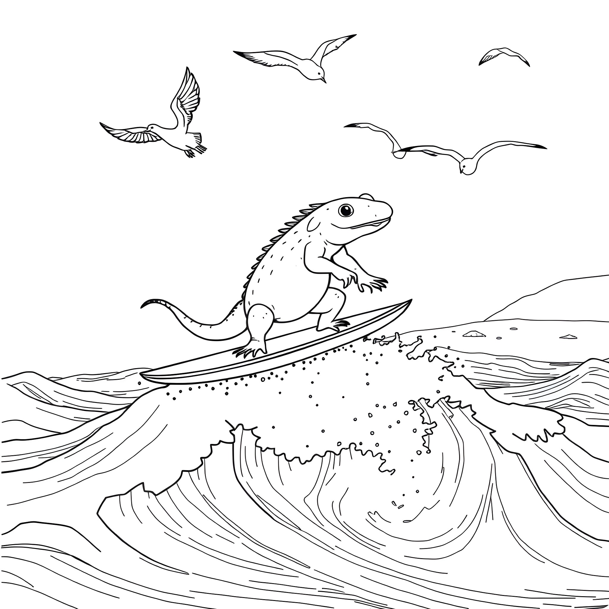 Axolotl surfing on a wave with seagulls Coloring Page (free black-and-white line drawing printable PDF for all, from beginners to advanced learners, including children, teens, adults, and seniors)