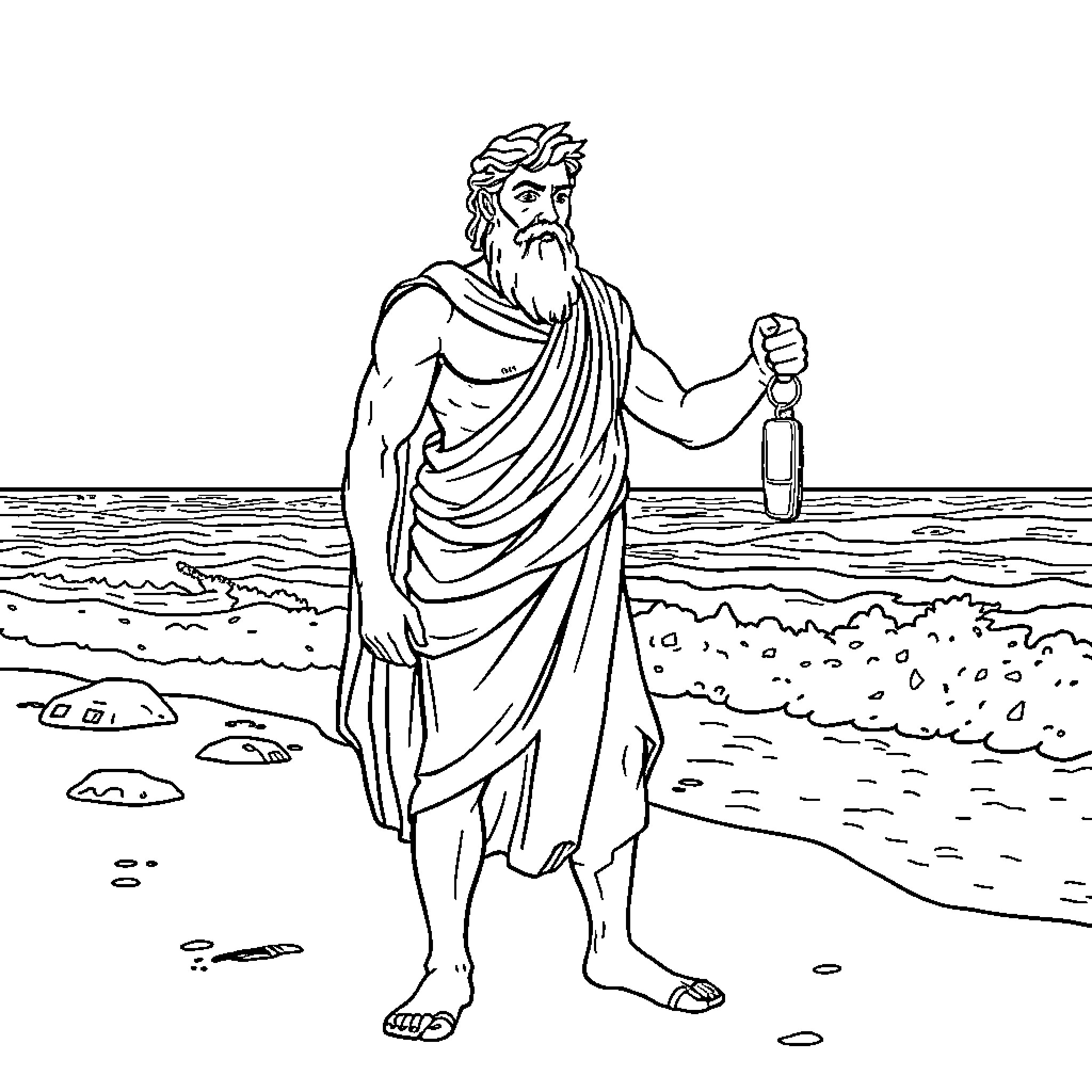Odysseus exploring the shore with a lamp Coloring Page (free black-and-white line drawing printable PDF for all, from beginners to advanced learners, including children, teens, adults, and seniors)