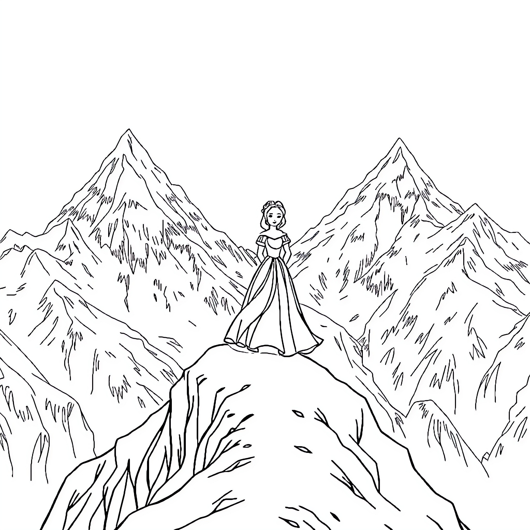 Princess on a Snowy Mountain Peak Coloring Page (free black-and-white line drawing printable PDF for all, from beginners to advanced learners, including children, teens, adults, and seniors)