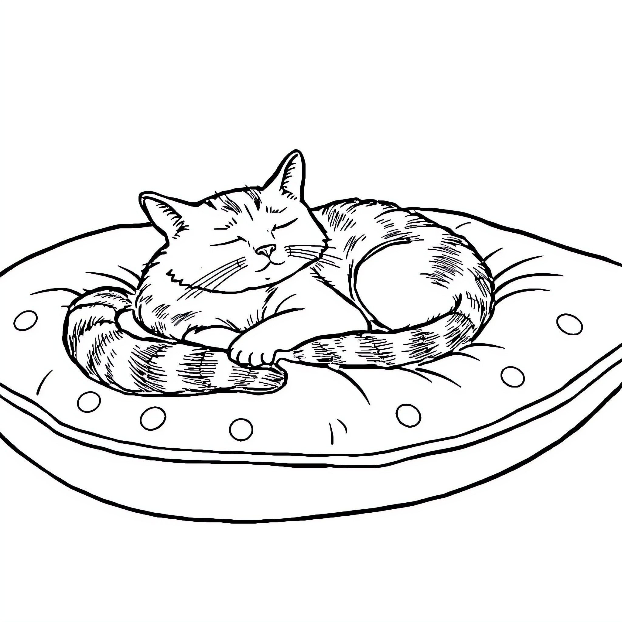 Cat resting peacefully on a cushion Coloring Page (free black-and-white line drawing printable PDF for all, from beginners to advanced learners, including children, teens, adults, and seniors)