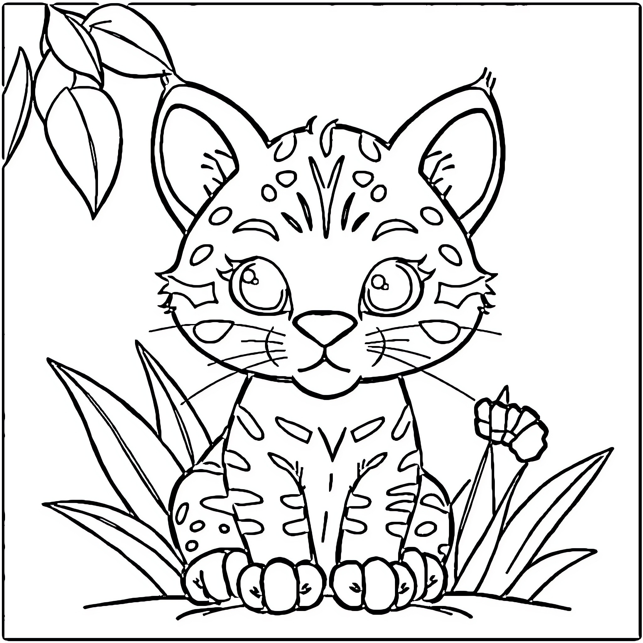 Cat coloring page with jungle-themed design Coloring Page (free black-and-white line drawing printable PDF for all, from beginners to advanced learners, including children, teens, adults, and seniors)