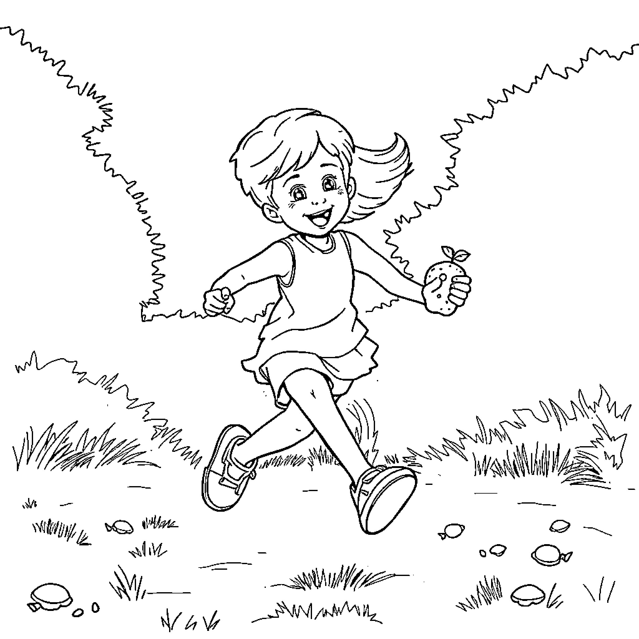 Child playing happily in the park Coloring Page (free black-and-white line drawing printable PDF for all, from beginners to advanced learners, including children, teens, adults, and seniors)