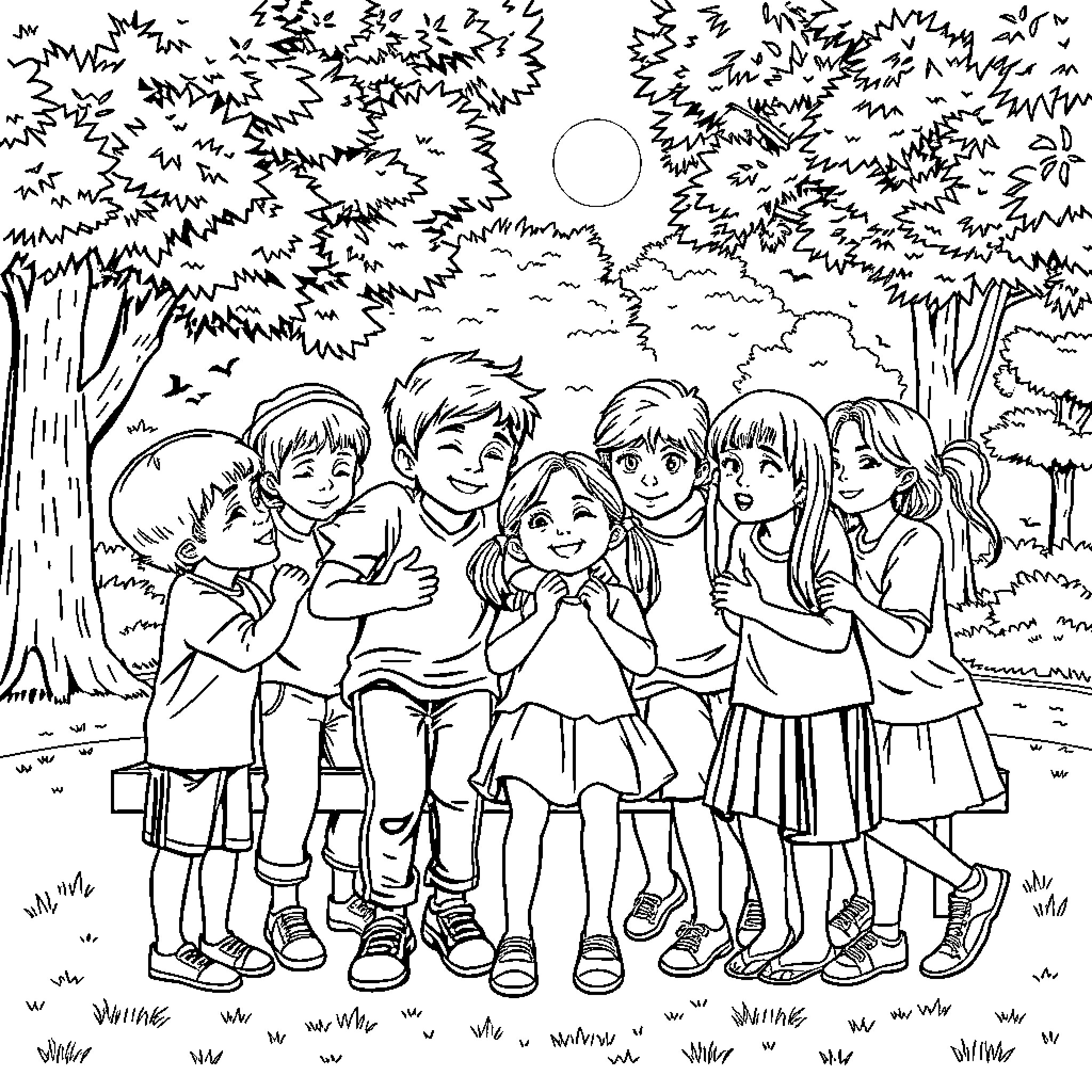Niños jugando y riendo en un bosque Coloring Page (free black-and-white line drawing printable PDF for all, from beginners to advanced learners, including children, teens, adults, and seniors)