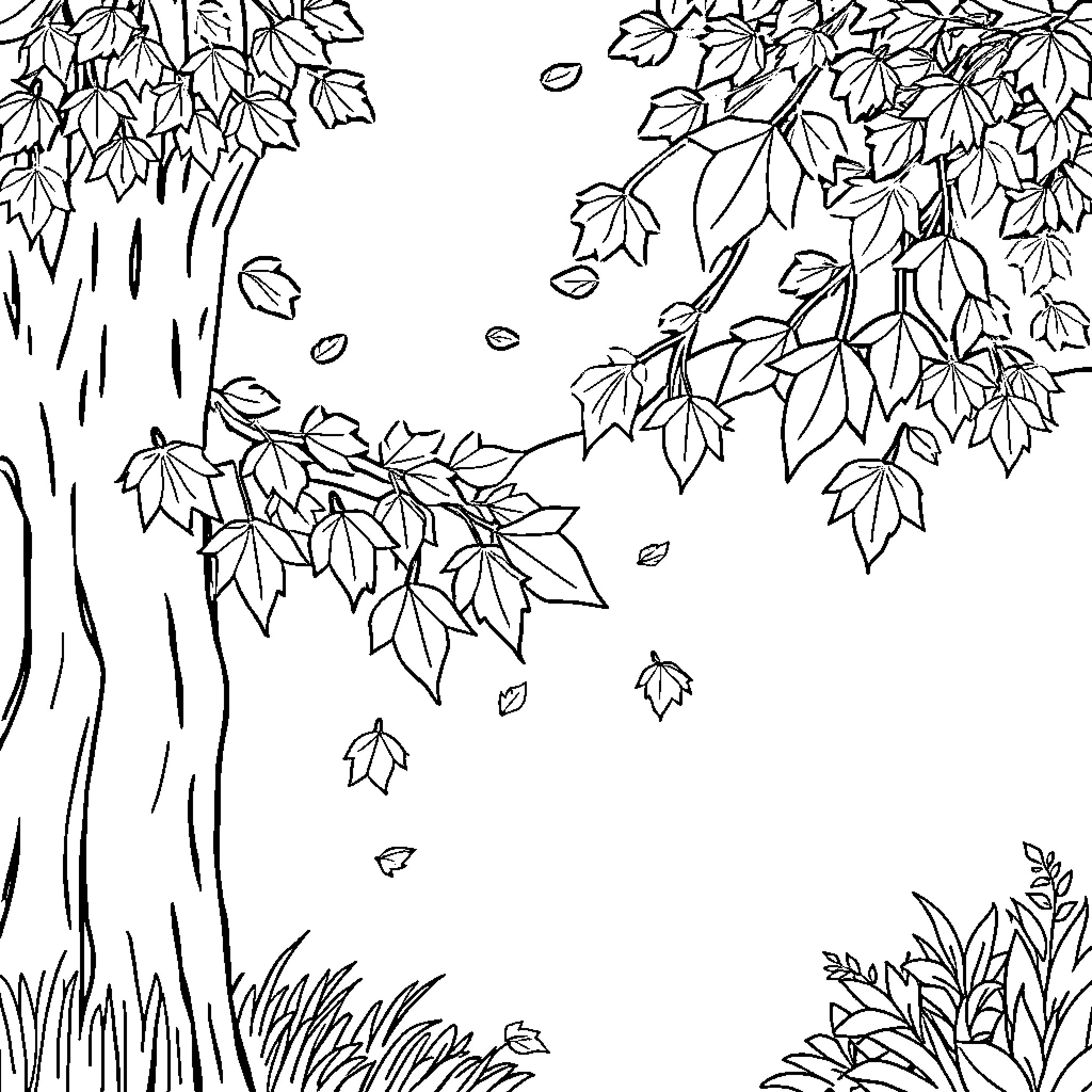 Leaf Fall in Autumn Forest Scene Coloring Page (free black-and-white line drawing printable PDF for all, from beginners to advanced learners, including children, teens, adults, and seniors)