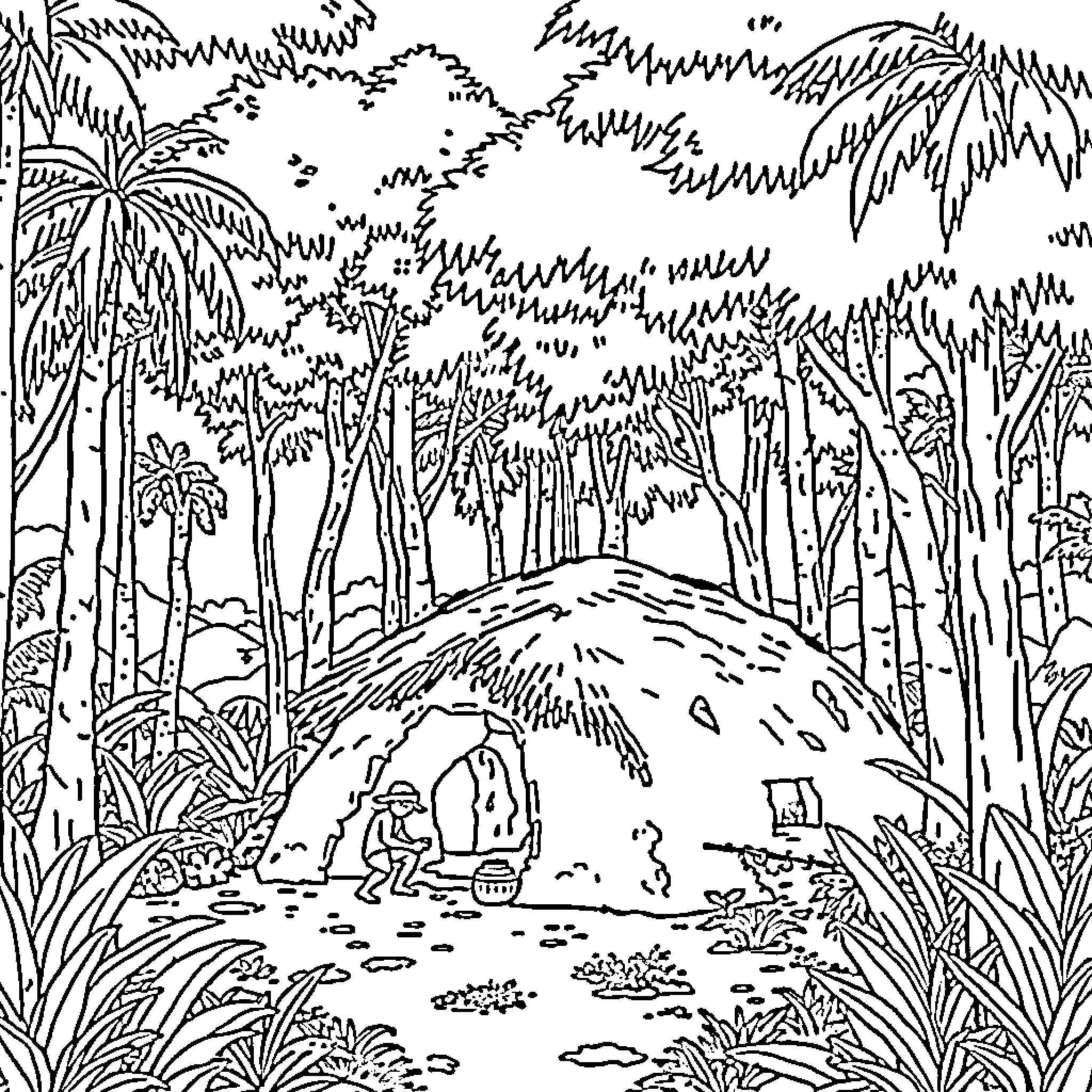 Home in the Tropical Jungle Wilderness Coloring Page (free black-and-white line drawing printable PDF for all, from beginners to advanced learners, including children, teens, adults, and seniors)