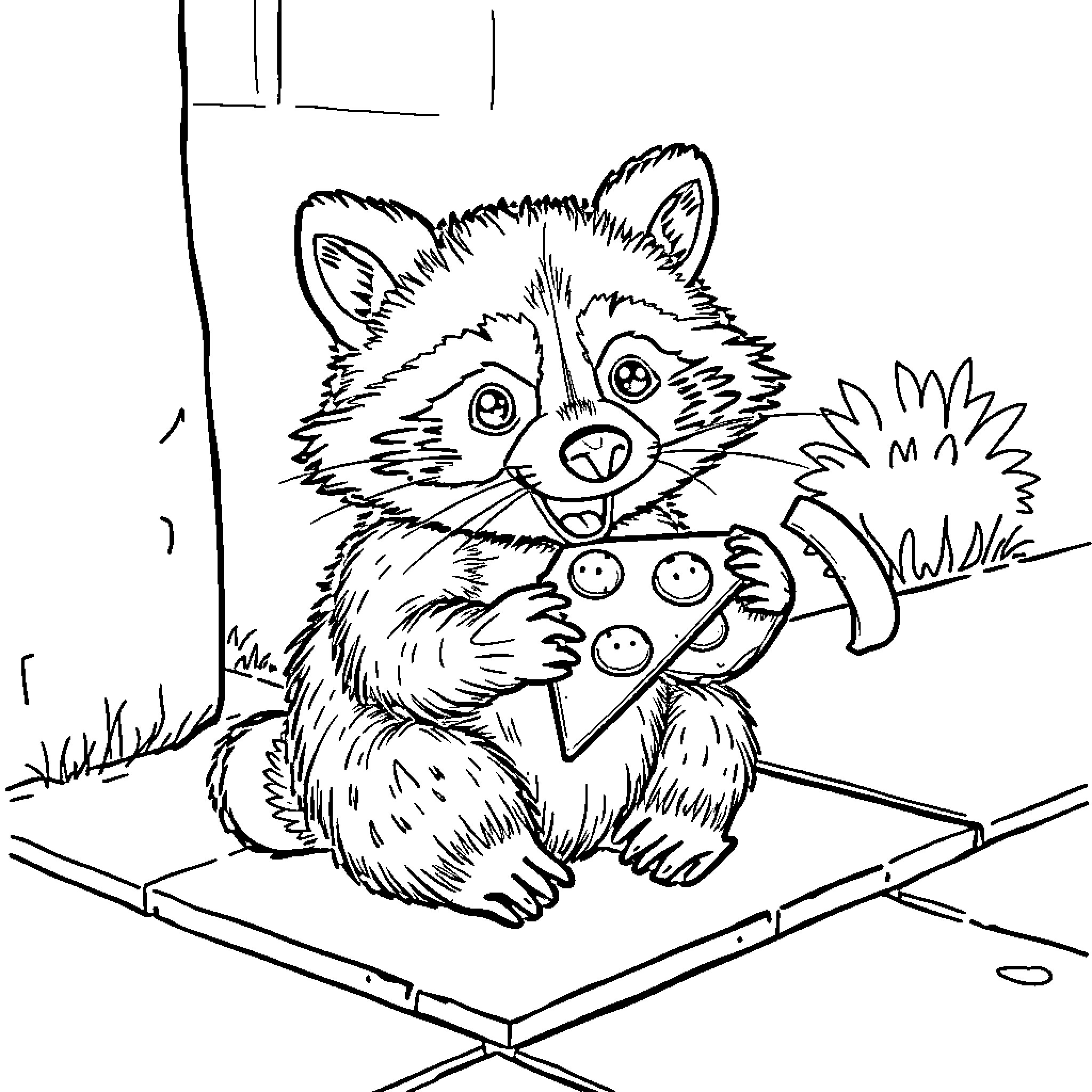 Raccoon enjoying pizza in the forest Coloring Page (free black-and-white line drawing printable PDF for all, from beginners to advanced learners, including children, teens, adults, and seniors)