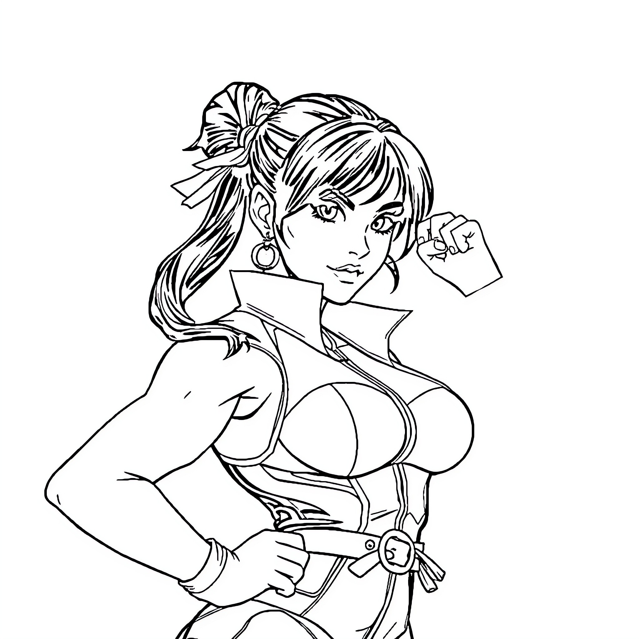 Chun Li in Fierce Fighting Stance Coloring Page (free black-and-white line drawing printable PDF for all, from beginners to advanced learners, including children, teens, adults, and seniors)