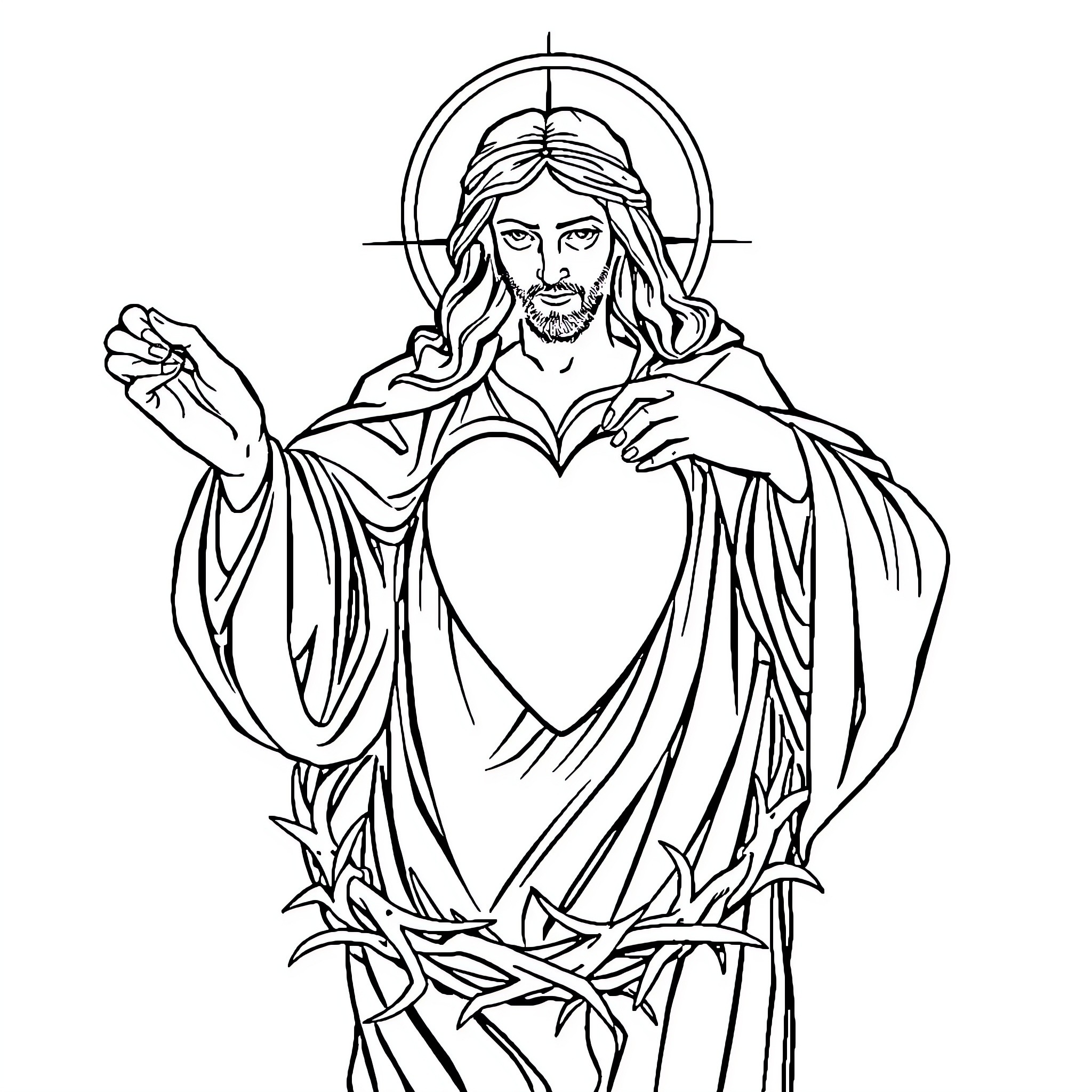 Sacred Heart of Jesus with Outstretched Arms Coloring Page (free black-and-white line drawing printable PDF for all, from beginners to advanced learners, including children, teens, adults, and seniors)