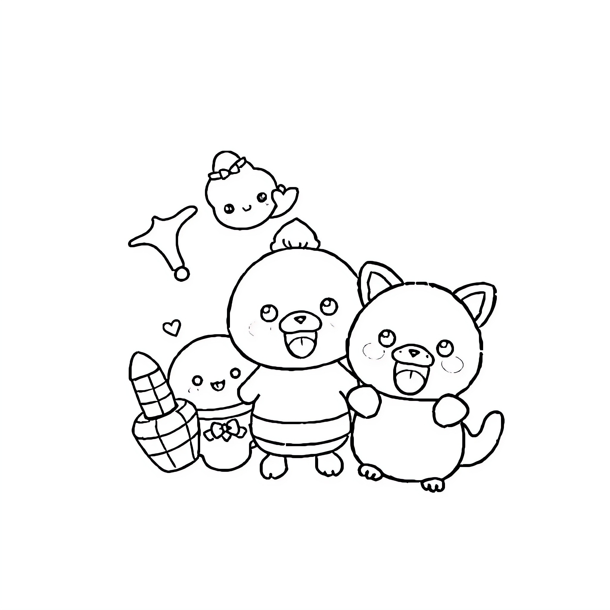 Kawaii Cute Animal Friends Playing Together Coloring Page (free black-and-white line drawing printable PDF for all, from beginners to advanced learners, including children, teens, adults, and seniors)