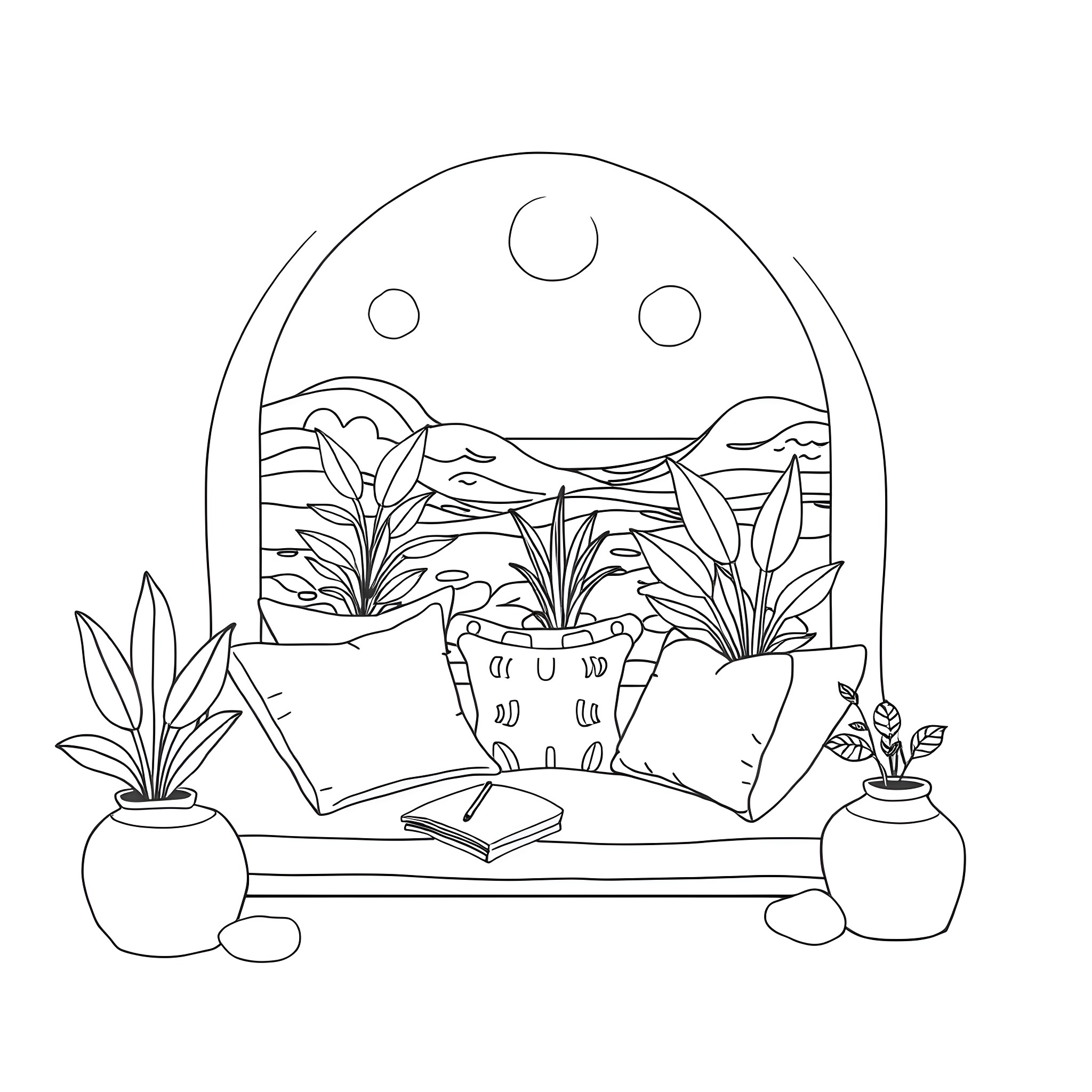 Mental Health Sanctuary with Cozy Decor and Plants Coloring Page (free black-and-white line drawing printable PDF for all, from beginners to advanced learners, including children, teens, adults, and seniors)