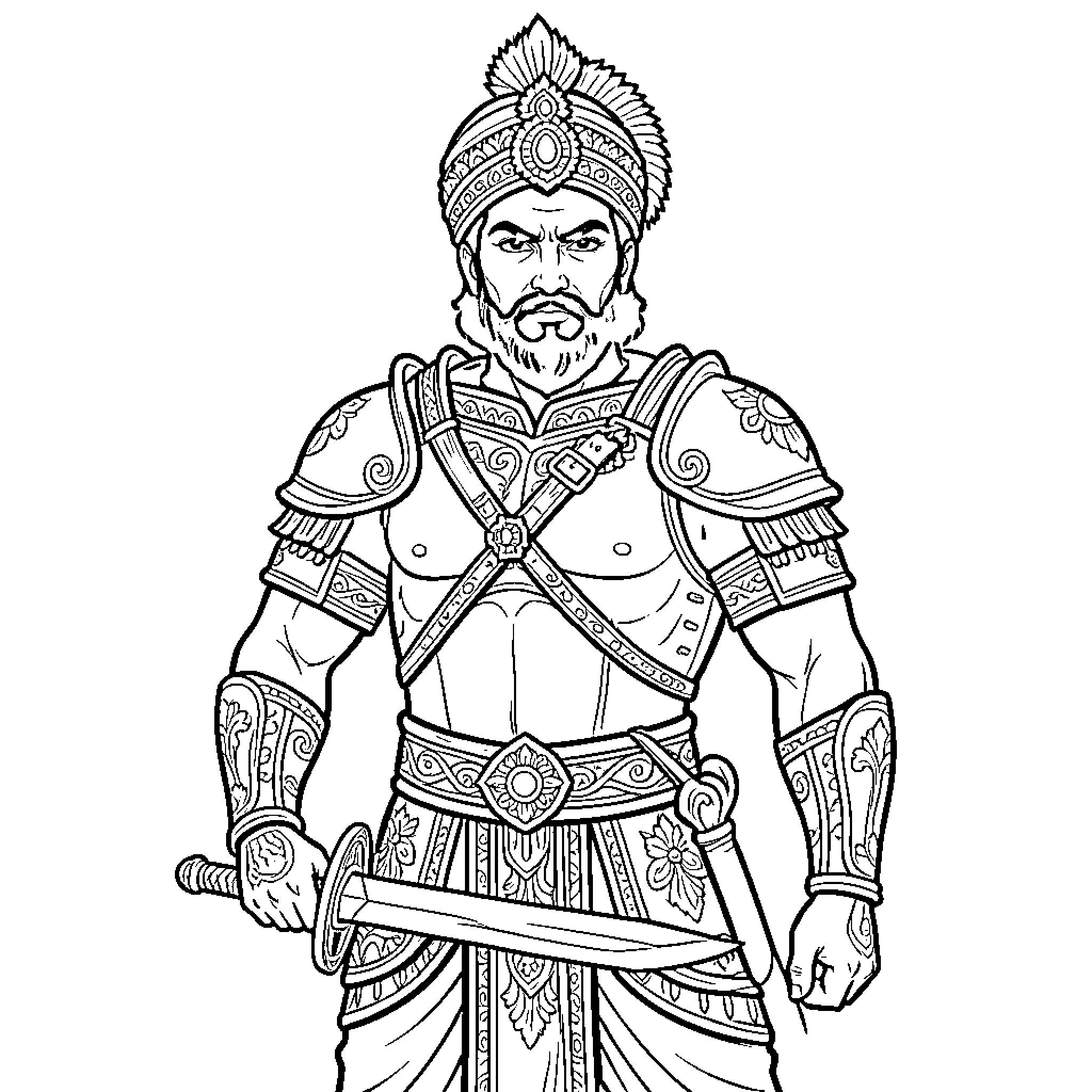 Shivaji Maharaj in Regal Warrior Attire Coloring Page (free black-and-white line drawing printable PDF for all, from beginners to advanced learners, including children, teens, adults, and seniors)