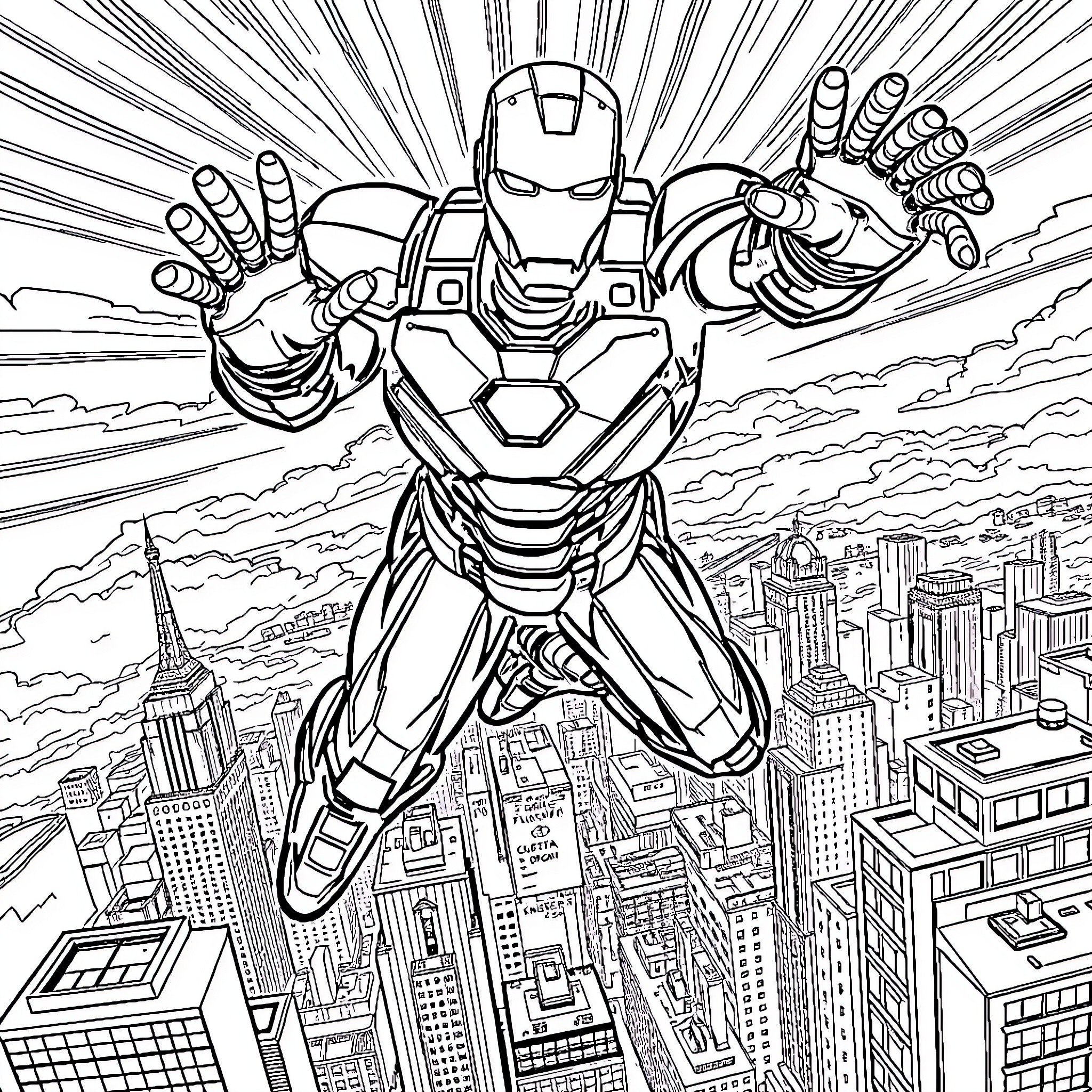 Ironman soaring over the city in action Coloring Page (free black-and-white line drawing printable PDF for all, from beginners to advanced learners, including children, teens, adults, and seniors)