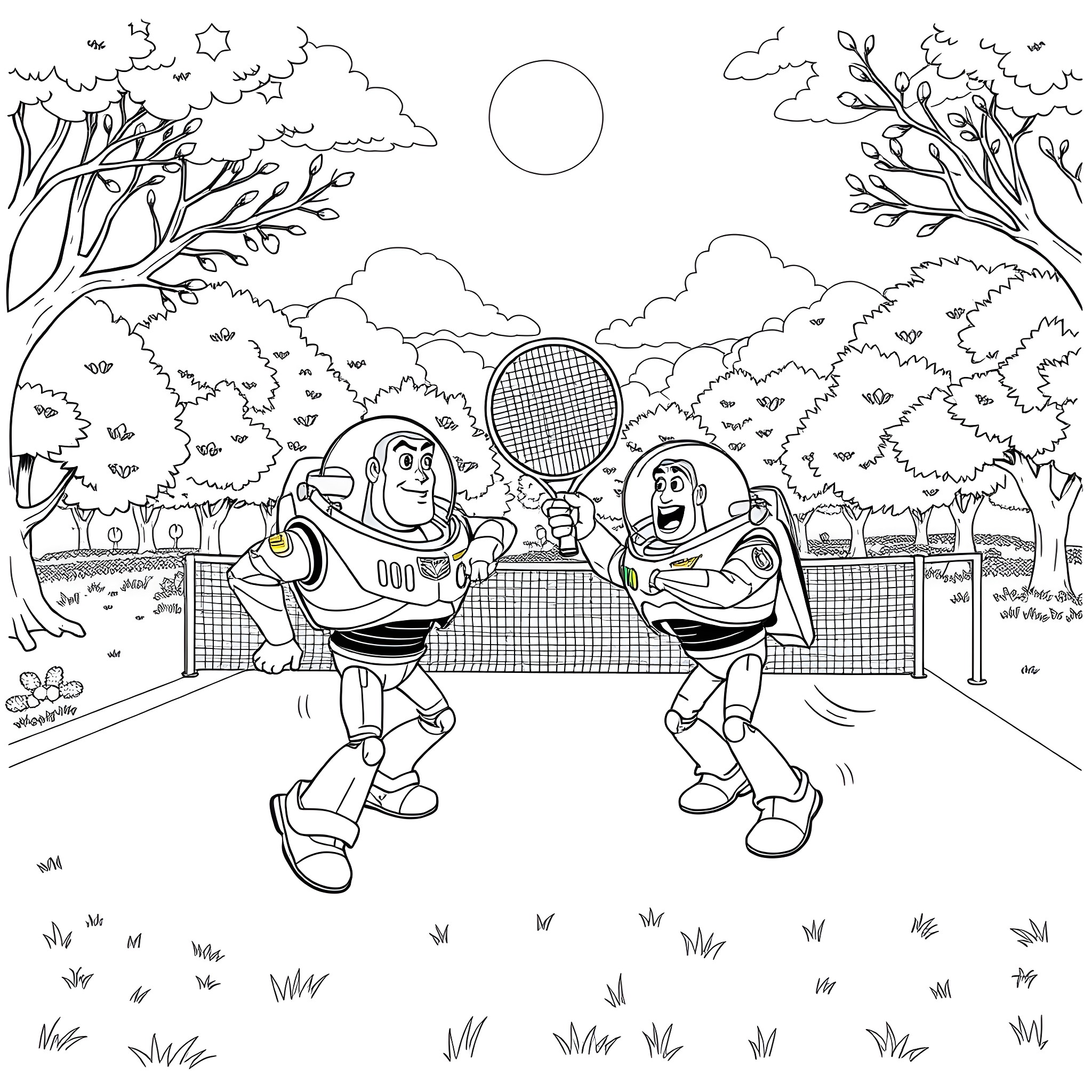 Buzz Lightyear playing tennis with cartoon character in park Coloring Page (free black-and-white line drawing printable PDF for all, from beginners to advanced learners, including children, teens, adults, and seniors)