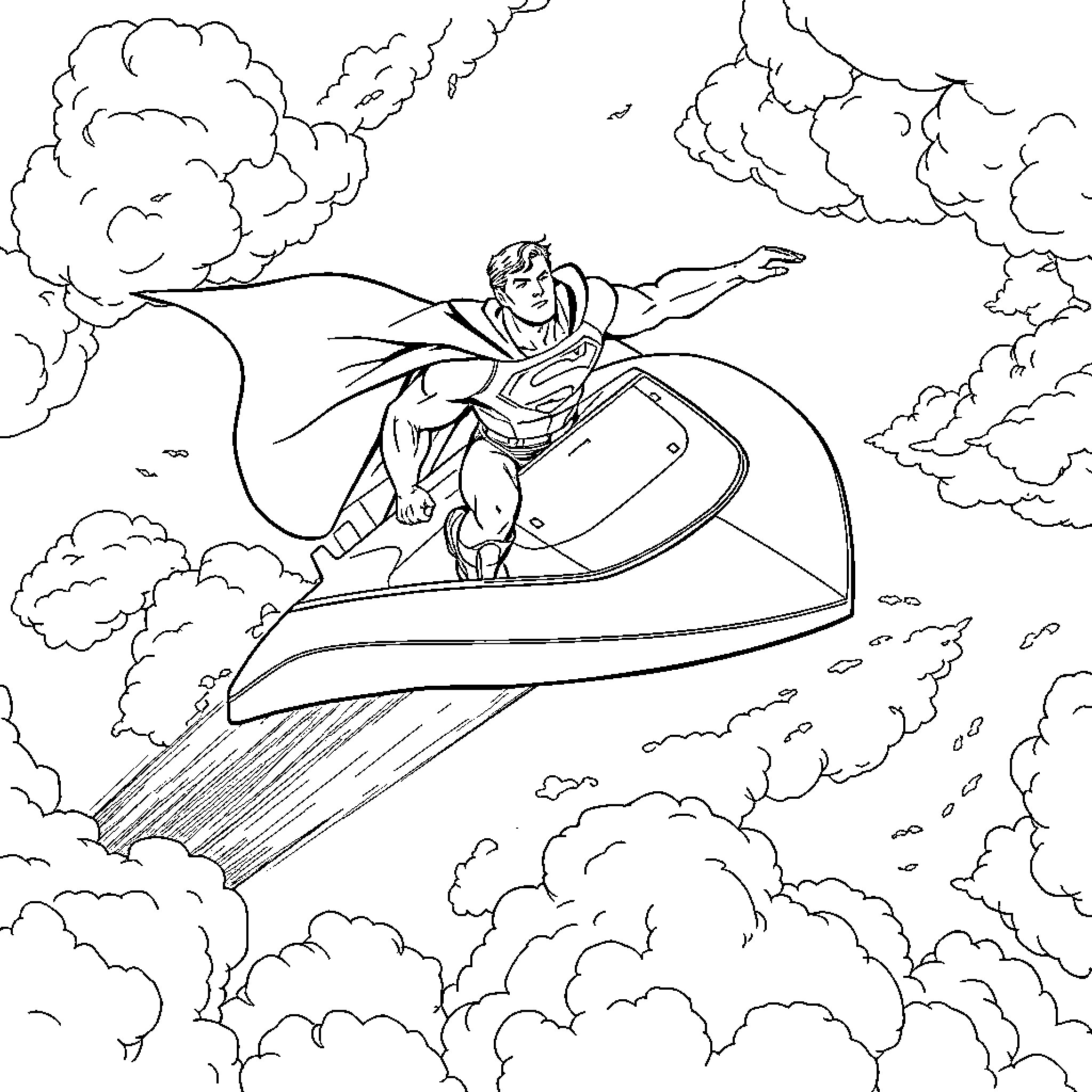 Superman soaring through the skies Coloring Page (free black-and-white line drawing printable PDF for all, from beginners to advanced learners, including children, teens, adults, and seniors)