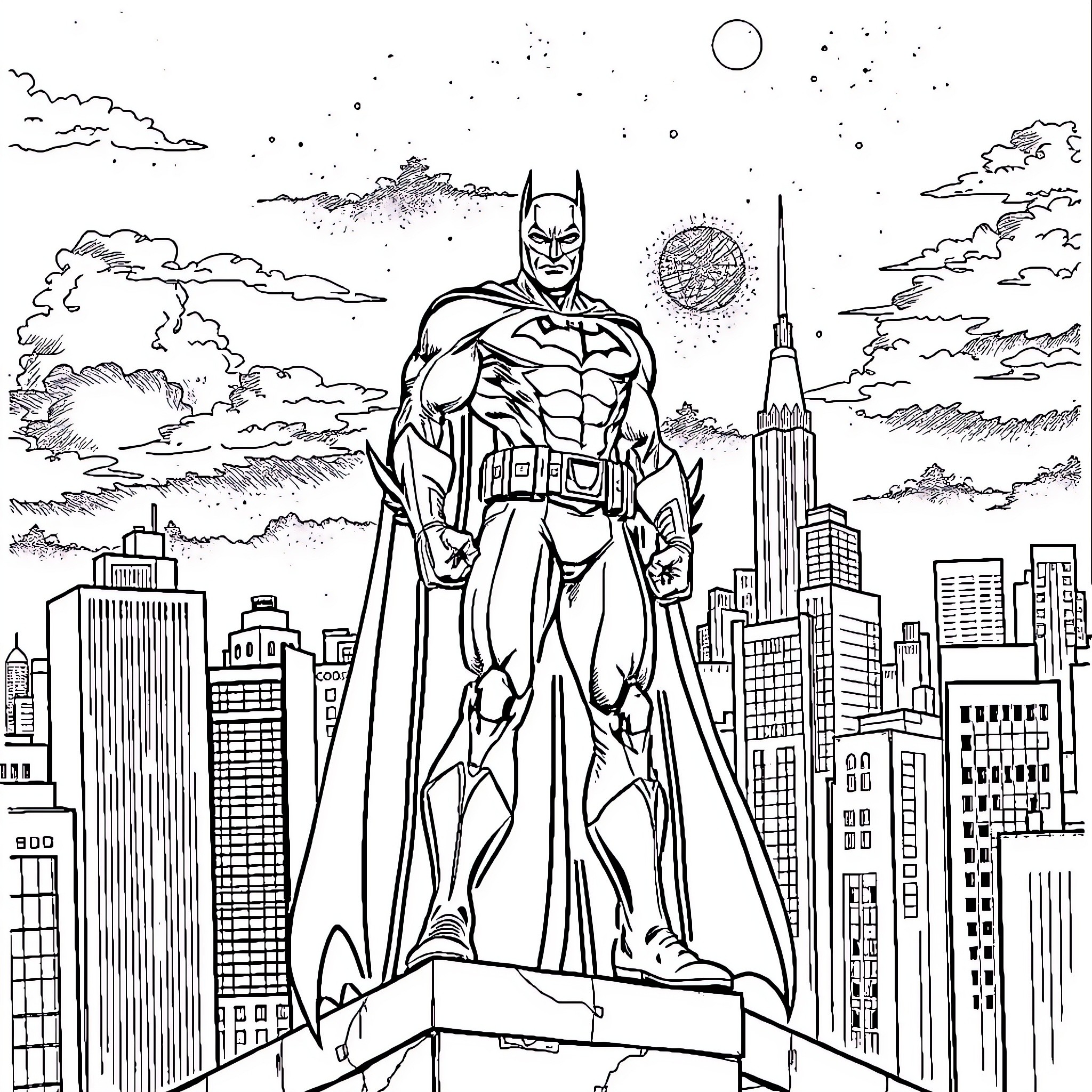 Batman overlooking the Gotham City skyline Coloring Page (free black-and-white line drawing printable PDF for all, from beginners to advanced learners, including children, teens, adults, and seniors)