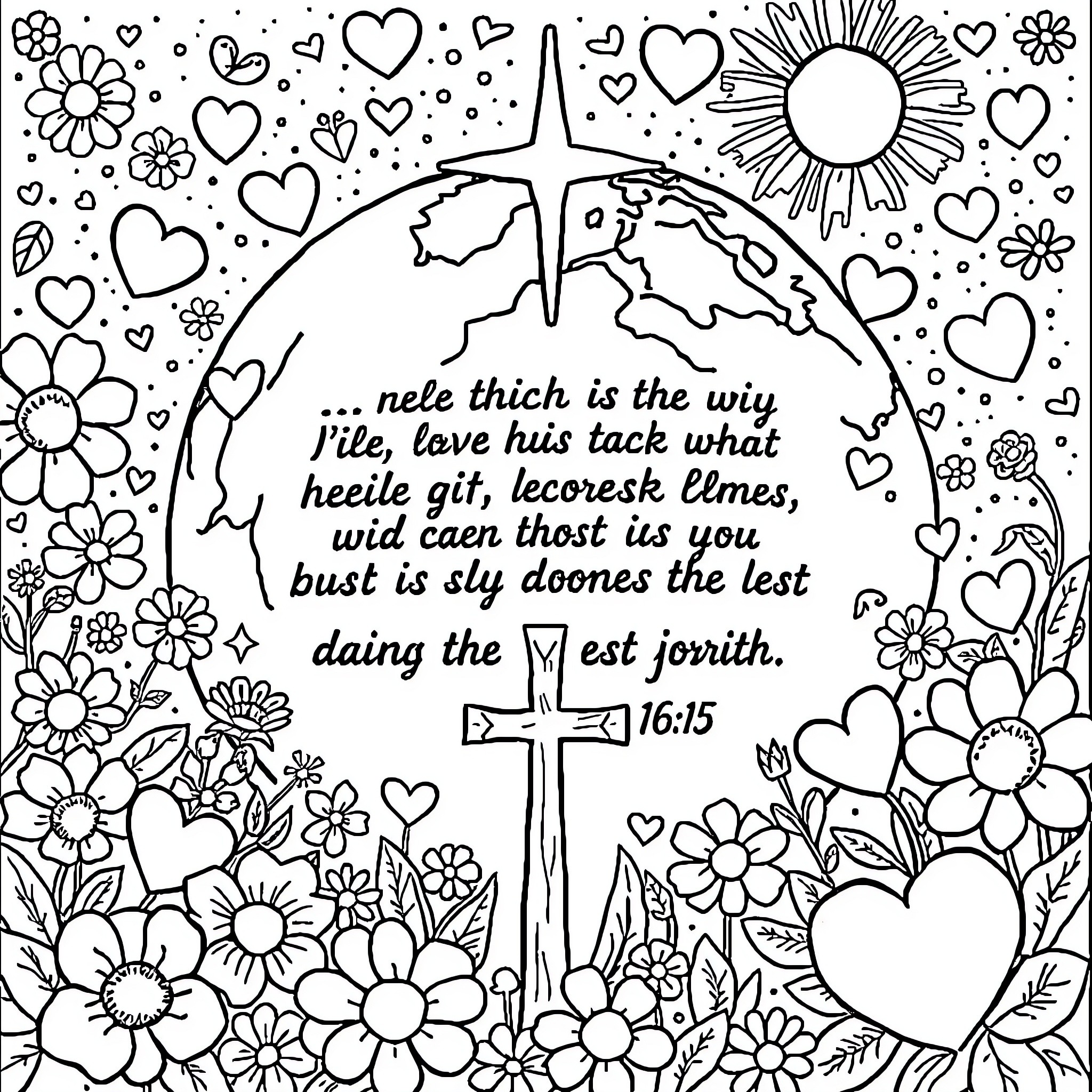Bible Verse with Floral and Heart Designs Coloring Page (free black-and-white line drawing printable PDF for all, from beginners to advanced learners, including children, teens, adults, and seniors)